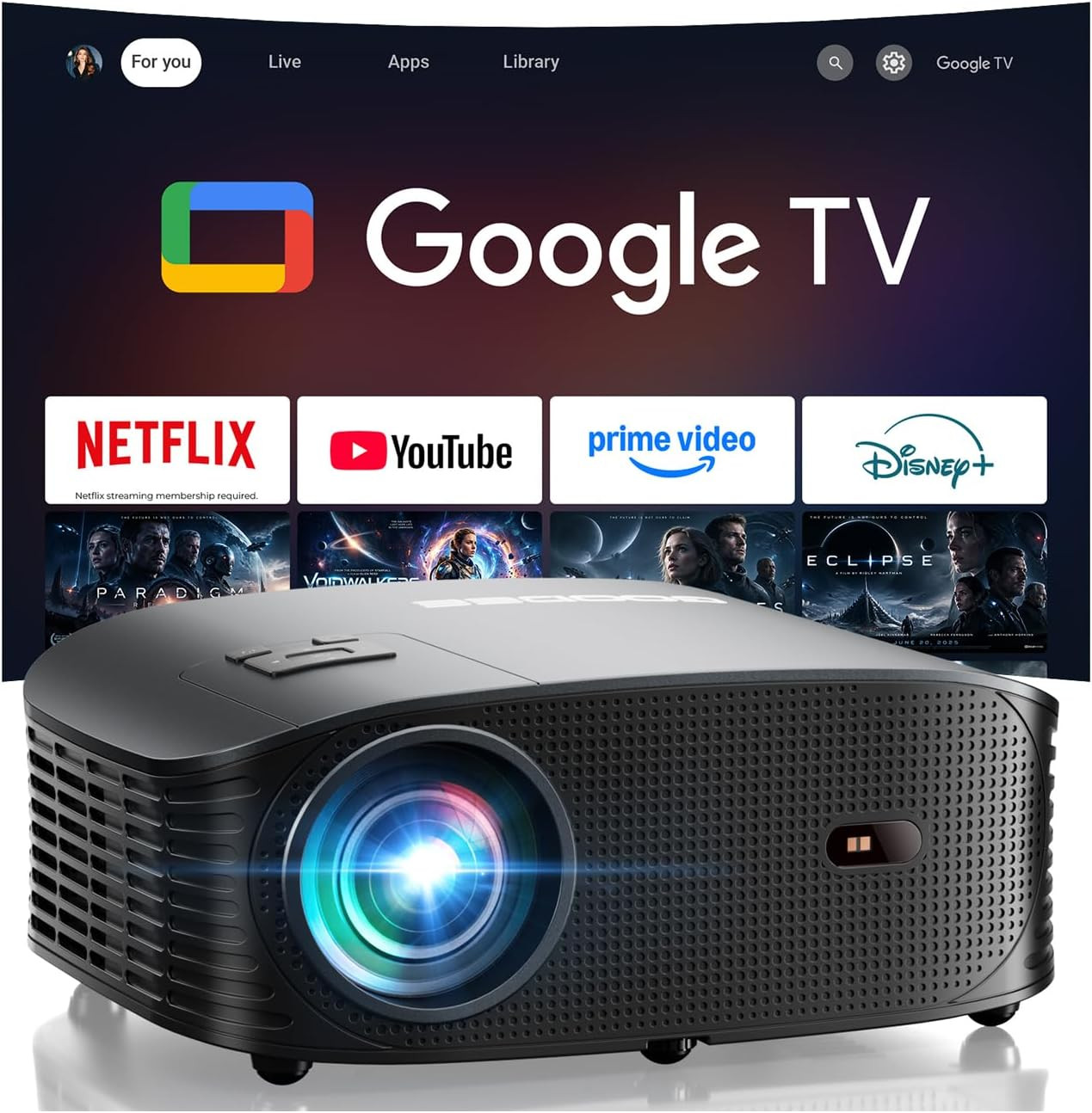 GOODEE Mini Projector [Official Licensed Google TV] Built-in Apps | 1080P Native