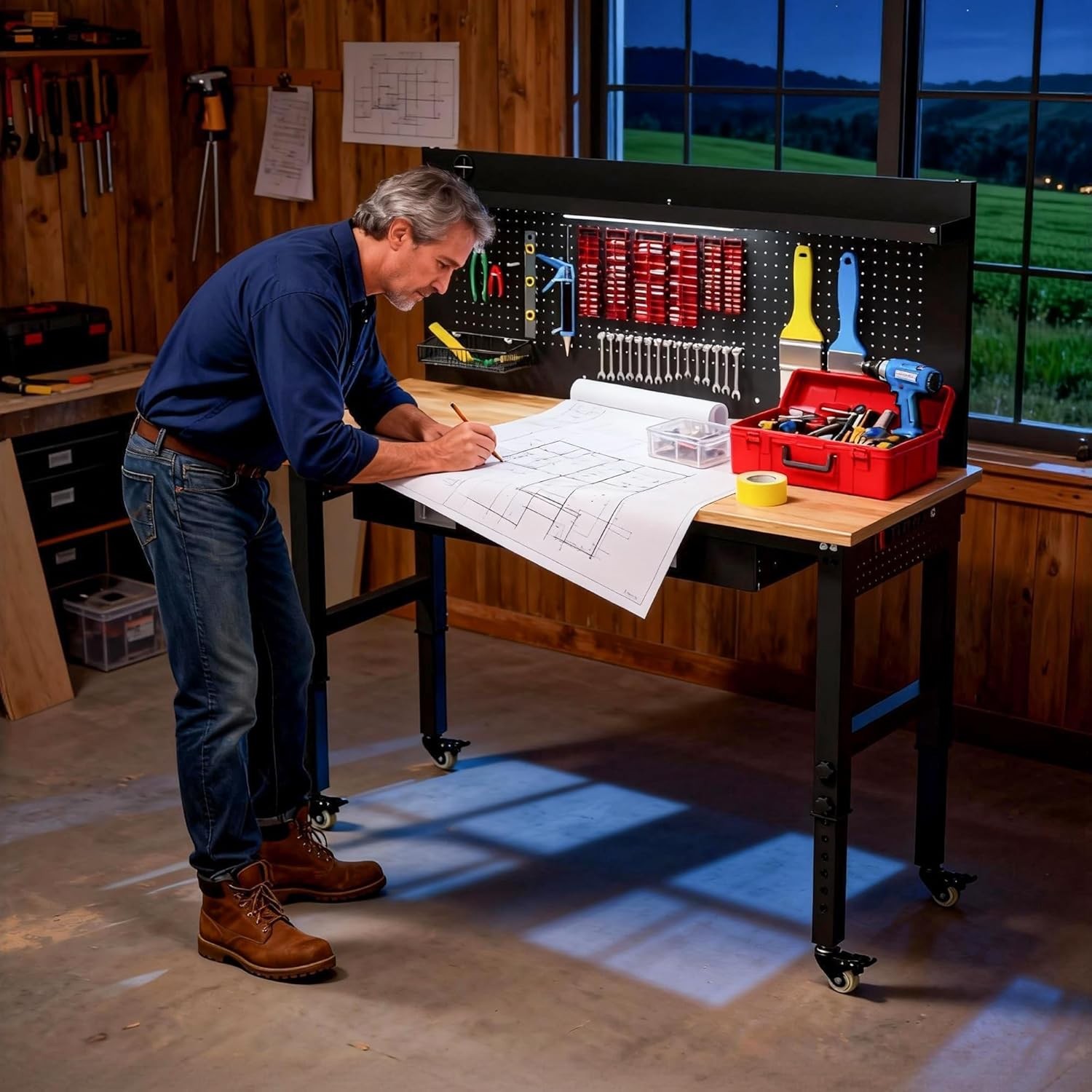 60" Heavy Duty Adjustable Workbench with Large Pegboard & LED Light, Adjustable
