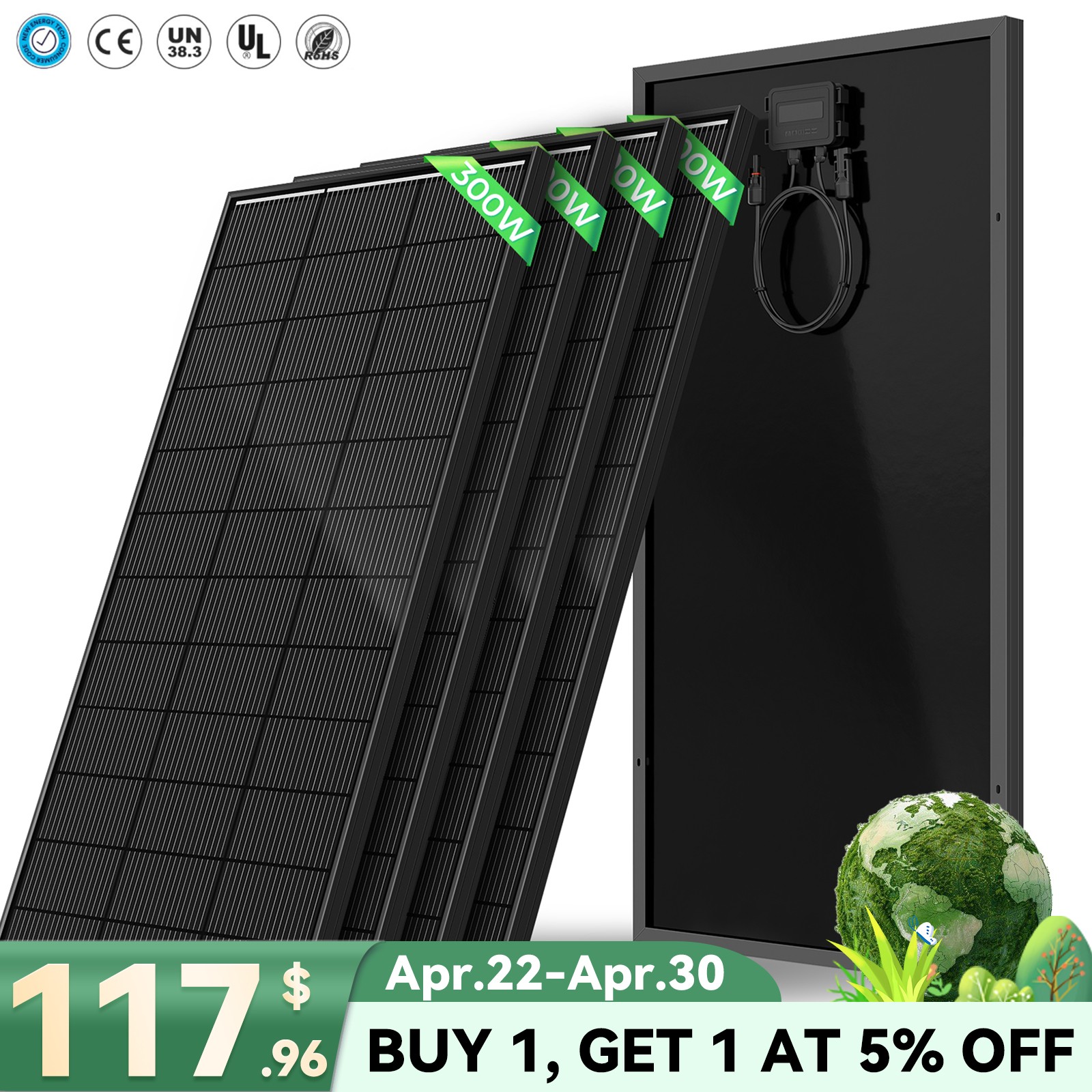 12V 300W 600W 1200W Watt Solar Panel High Efficiency N-Type 18BB Black Home RV