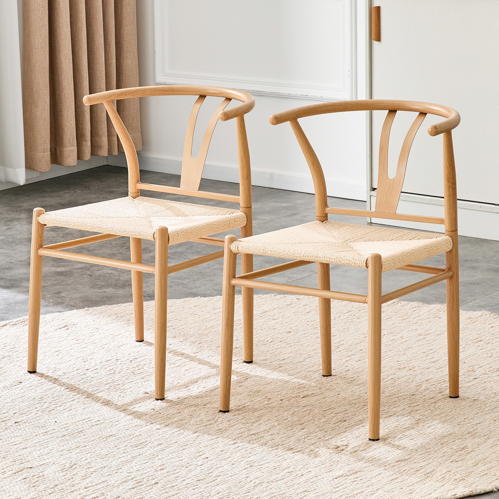 Modern Wishbone Dining Chair Iron Metal Farmhouse Woven Seat Set of 2