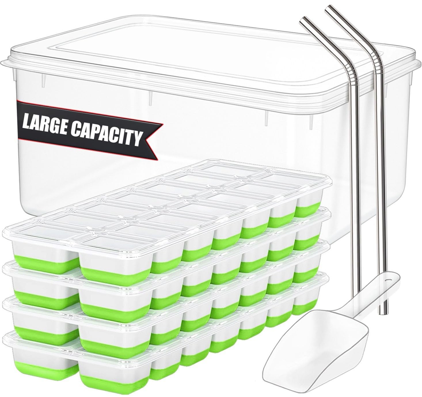 56pcs Ice Cube Tray with Lid and Bin – Stackable 4 Trays Silicone Plastic Fre...