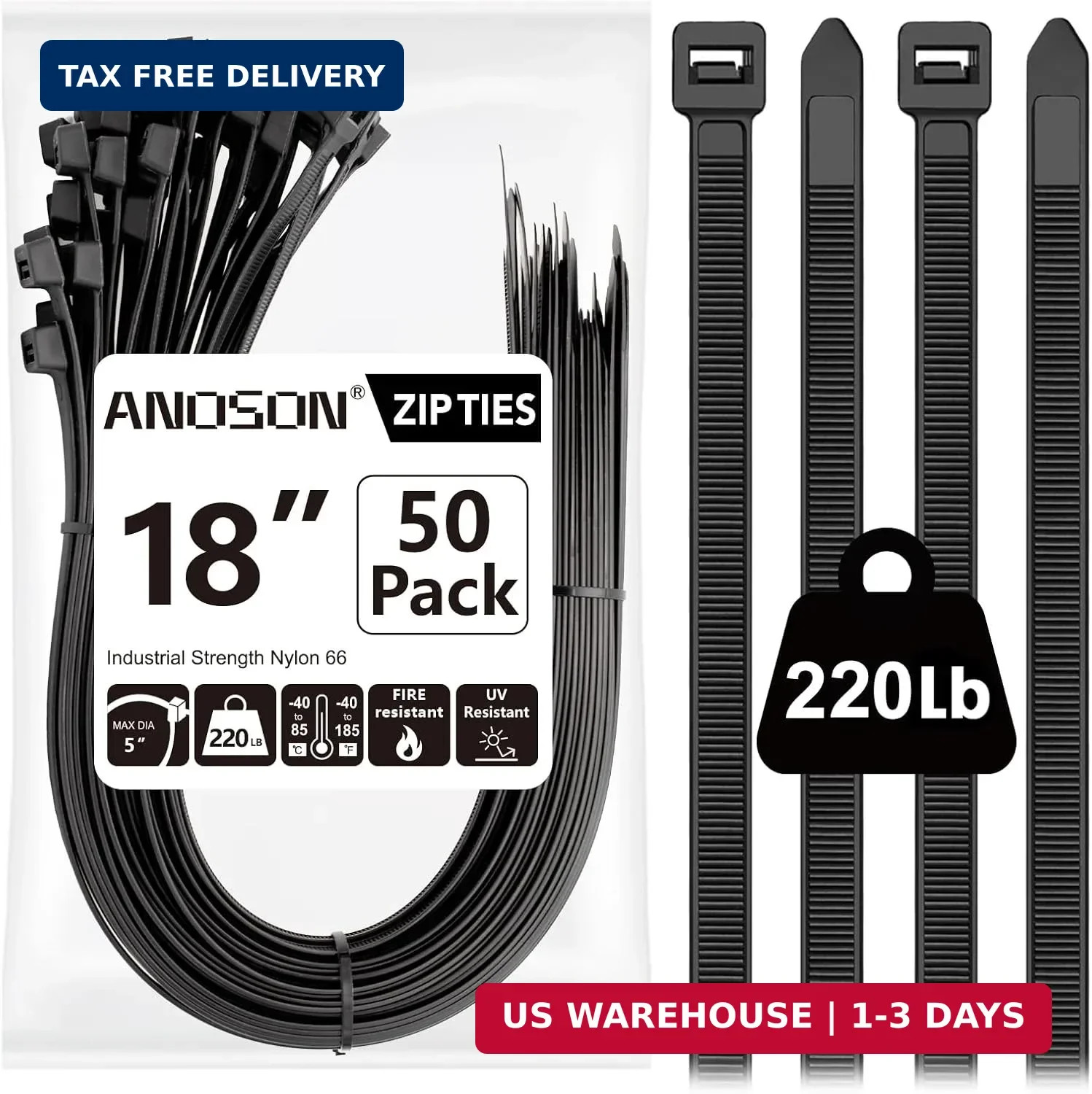 Large Zip Ties 18 Inch, 50 Pack, Long Zip Ties Heavy Duty with 220 Lb Tensile St