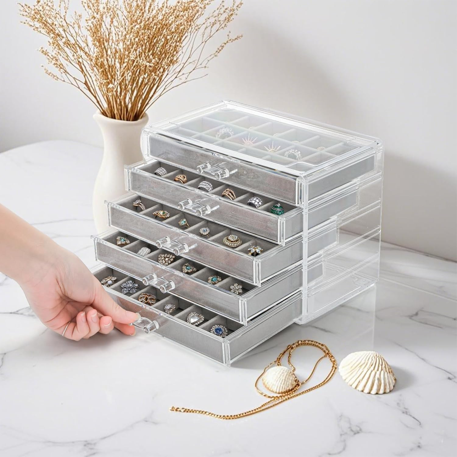 Clear Acrylic Rock Display Case, 5 Layer 90 Grids Rock Collection Case with Adju