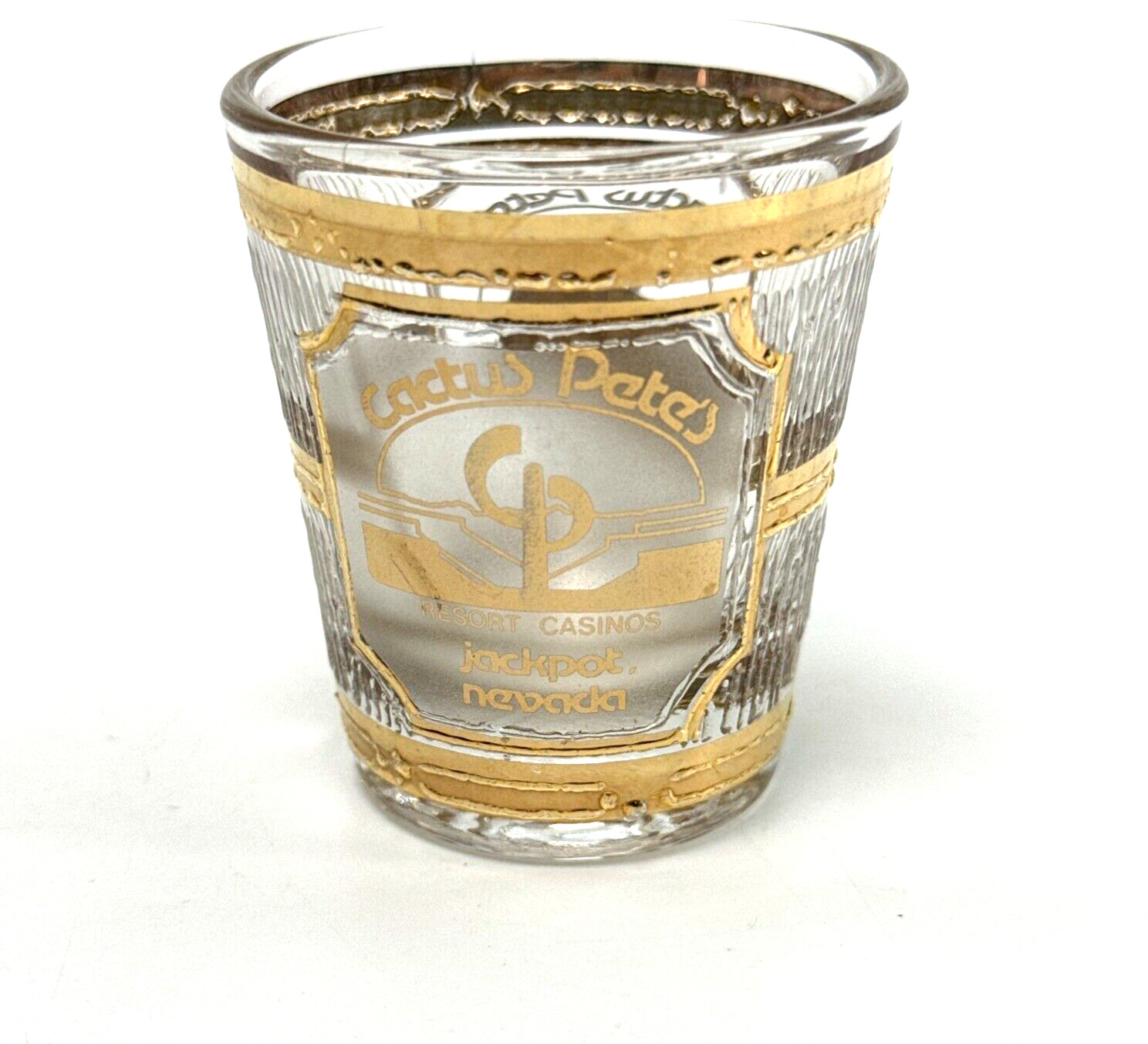 Vintage Culver 22K Gold Souvenir Shot Glass Cactus Pete's Jackpot, Nevada
