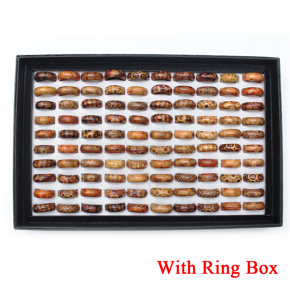 100PCS Wholesale Rings Jewelry Lot Bulk Natural Wooden Leopard Band Rings w/Box