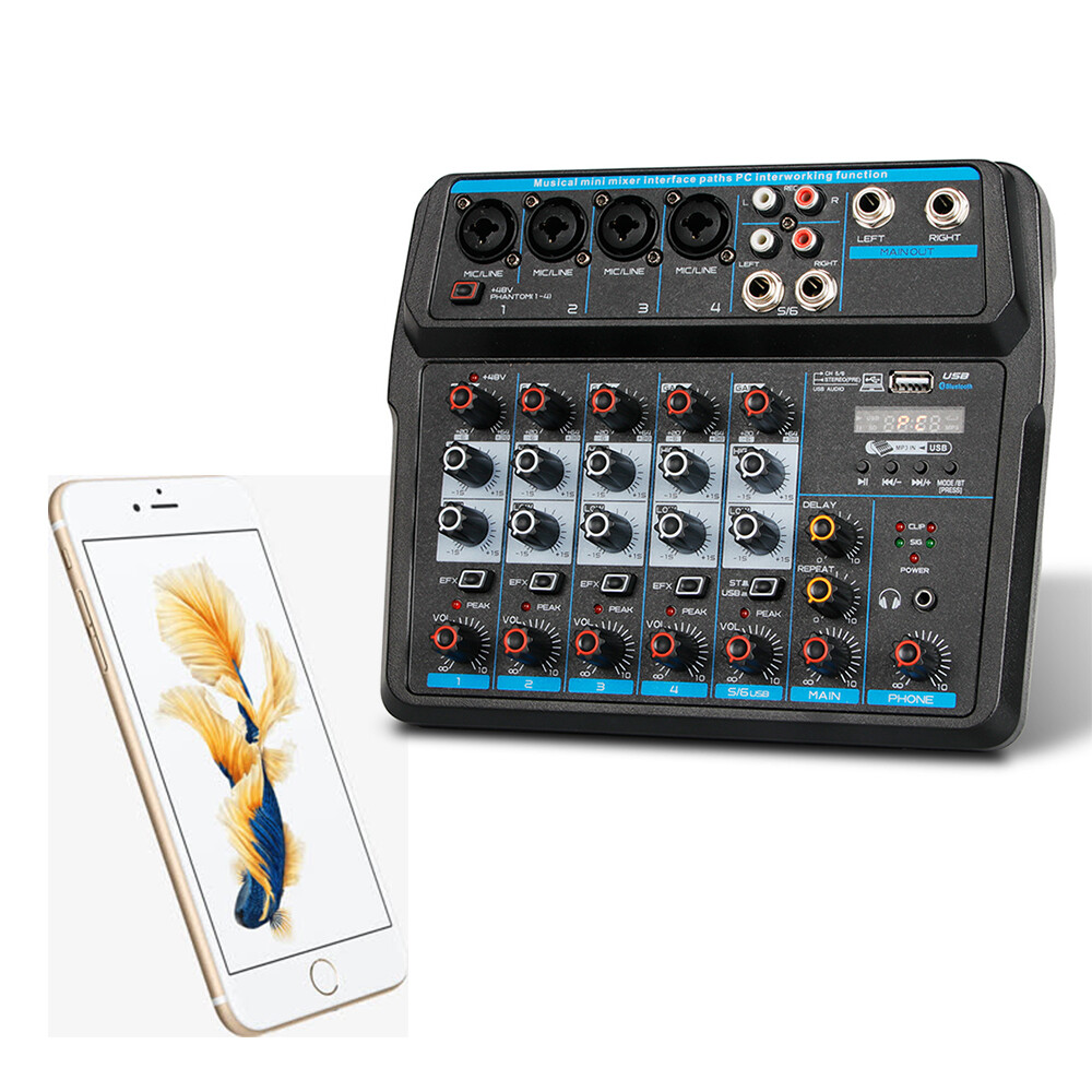 6Channel Live Audio Mixer Bluetooth USB DJ Sound Mixing Console Amplifier Studio