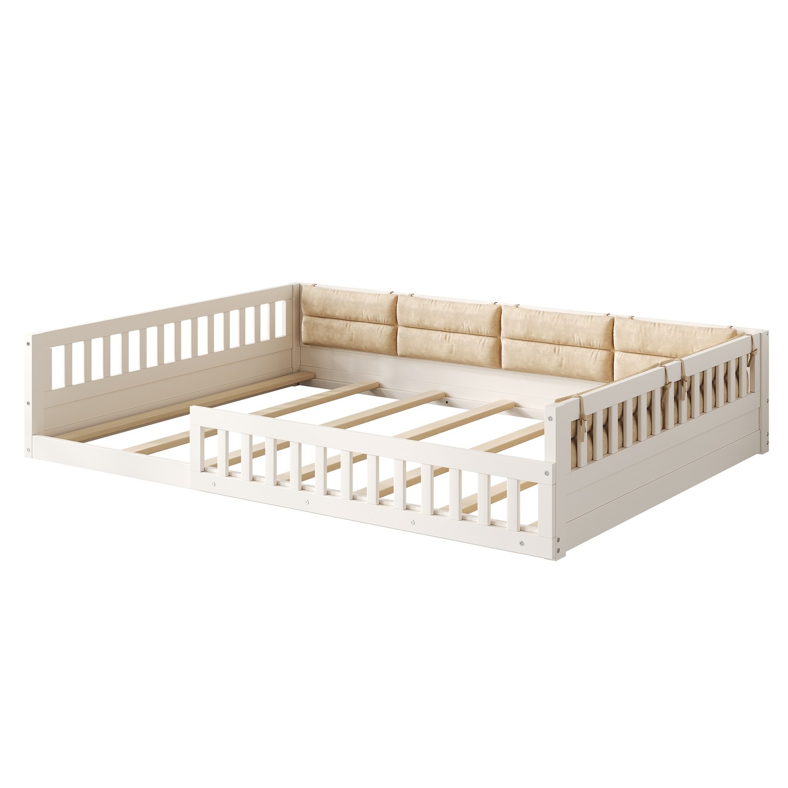 Full Size Upholstered Platform Bed with Guardrail & Pillow, Beige
