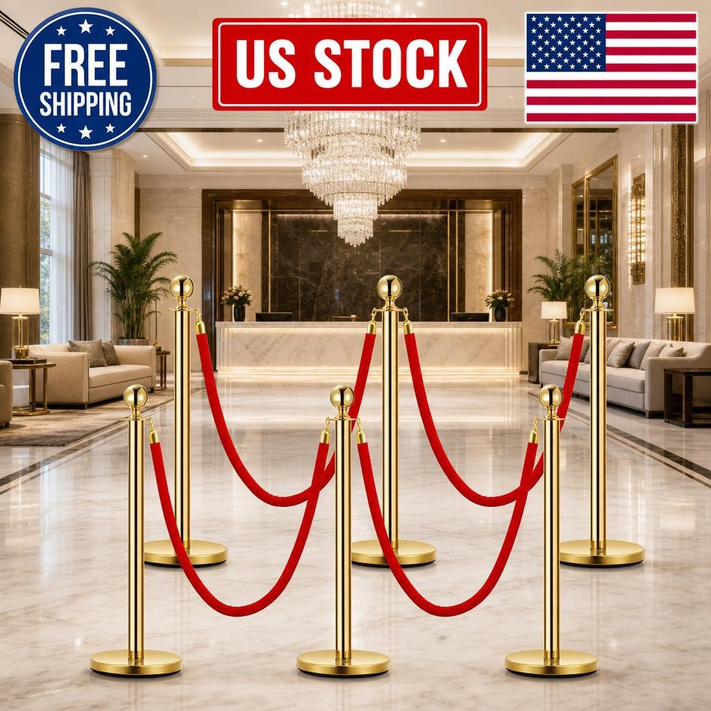 Crowd Control with Ropes, 6PCS Gold Stanchions and 4PCS Red Flannel Barriers