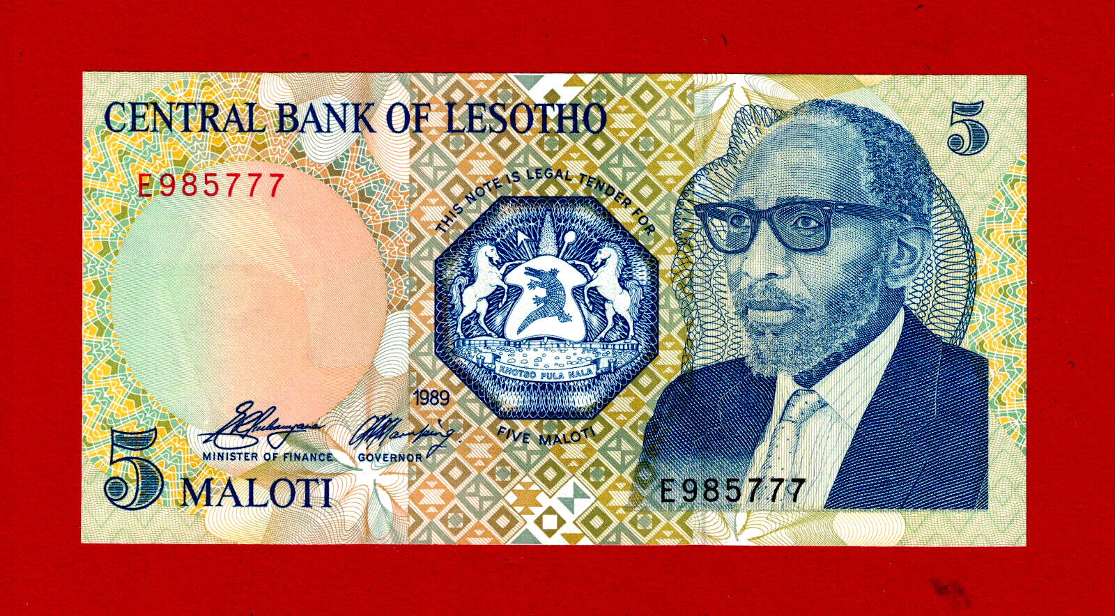 5 Maloti 1989 Lesotho UNC Note (Pick-10a) DLR Issue, Sign: Sekhonyana & Maruping