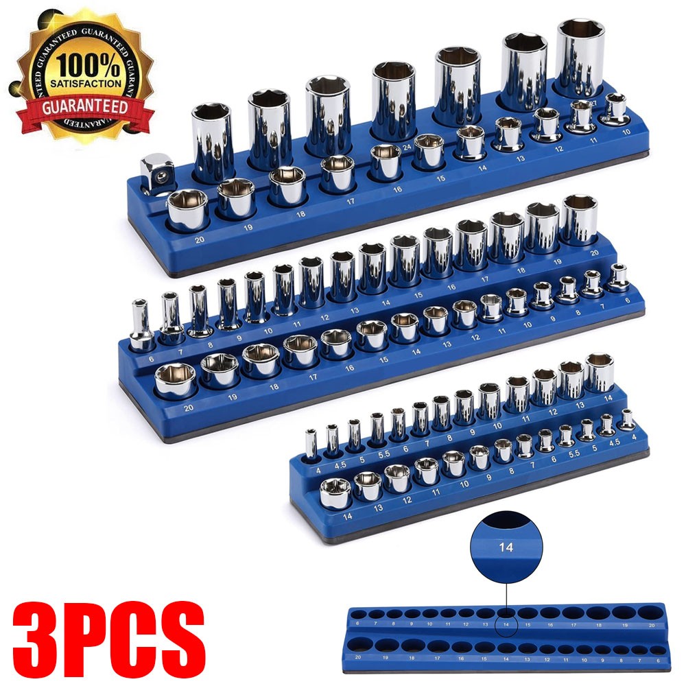 Magnetic Socket Organizer Blue 1/4" 3/8" 1/2" Drive Metric Holder Set