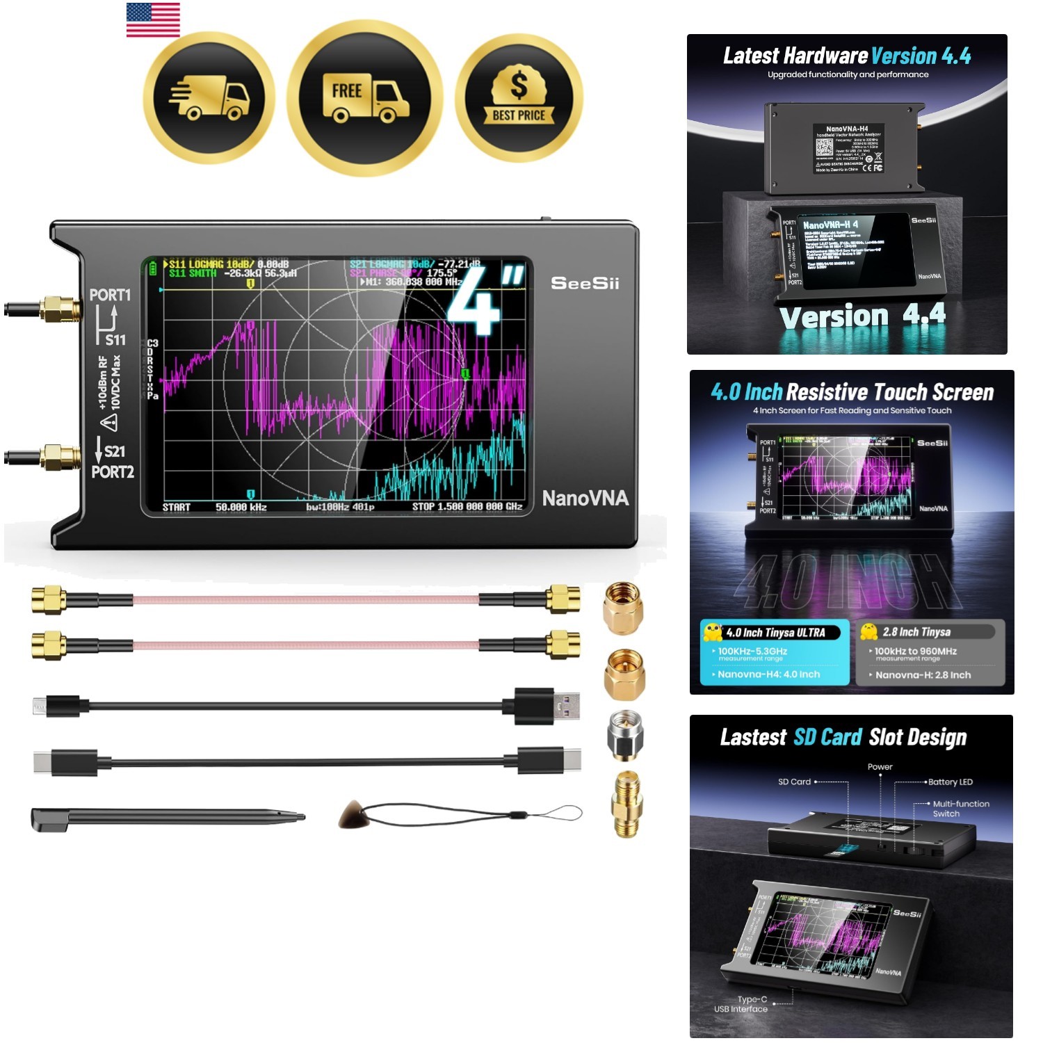Upgraded NanoVNA-H4 Vector Network Analyzer, Latest V4.4 9KHz-1.5GHz HF VHF U...