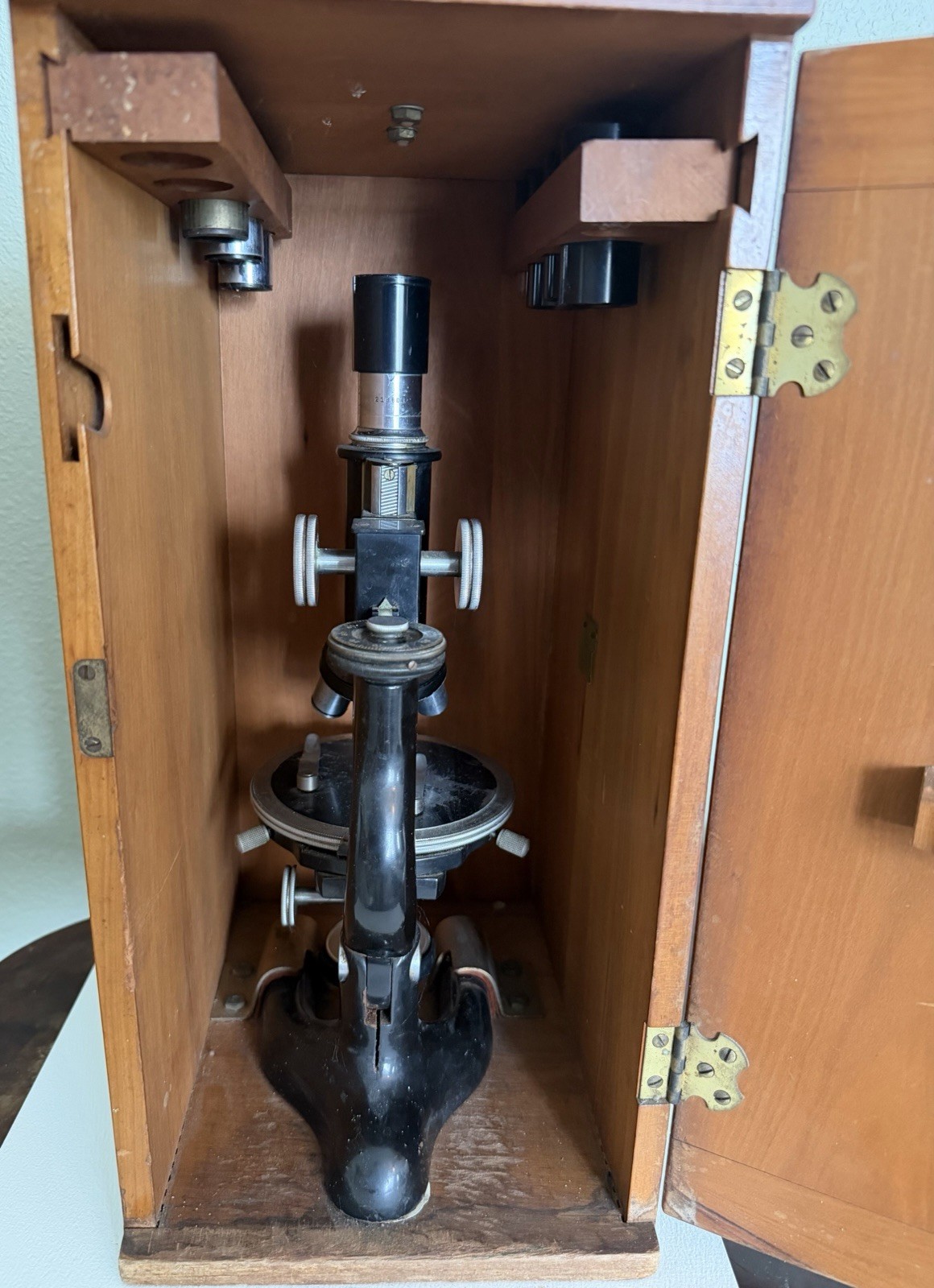 Antique Bosch & Lomb Optical Microscope Leitz W/ Wooden Case, Manual, And Lenses