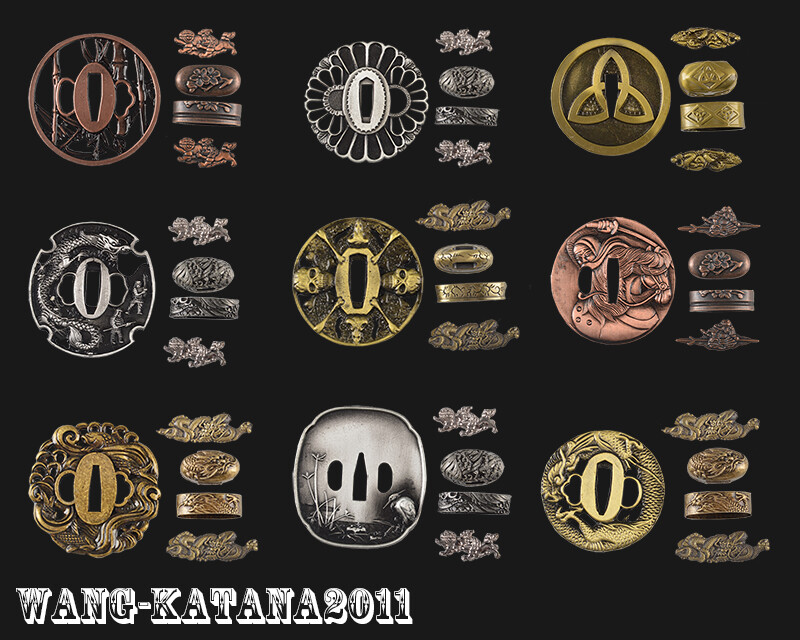 Tsuba Menuki Fuchi Kashira Full Set of Alloy Fittings for Katana Wakizashi Tanto
