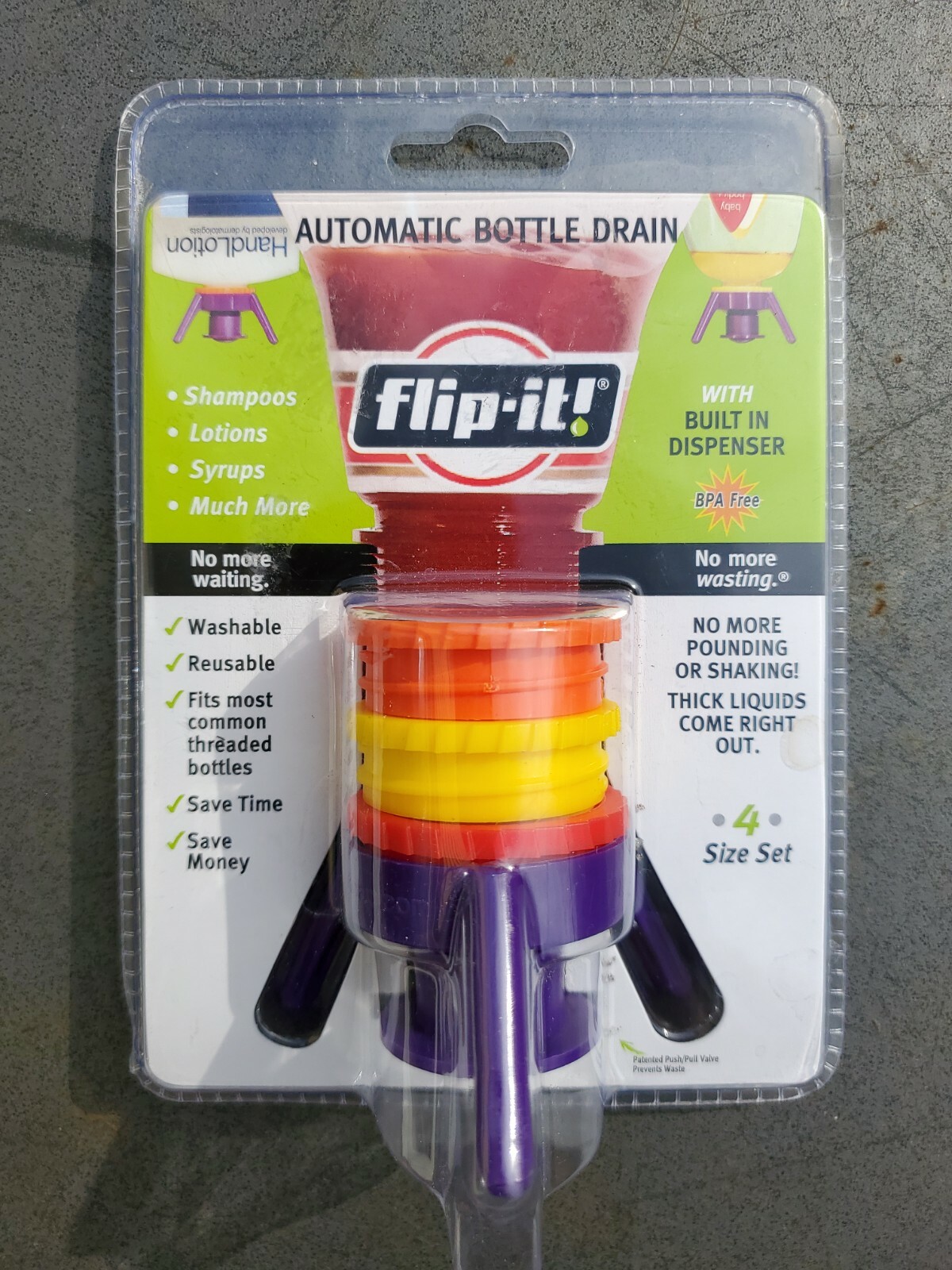 Flip-It Automatic Bottle Drain Cap Dispenser Brand New 4 size set