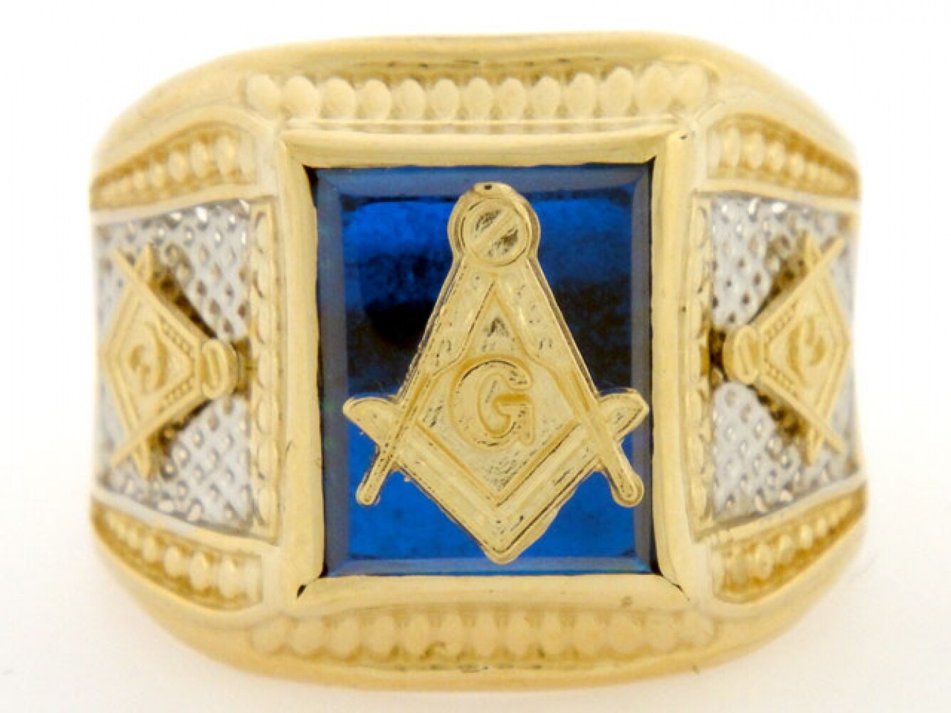 10k or 14k Two-Tone Gold Simulated Sapphire Masonic Mens Ring
