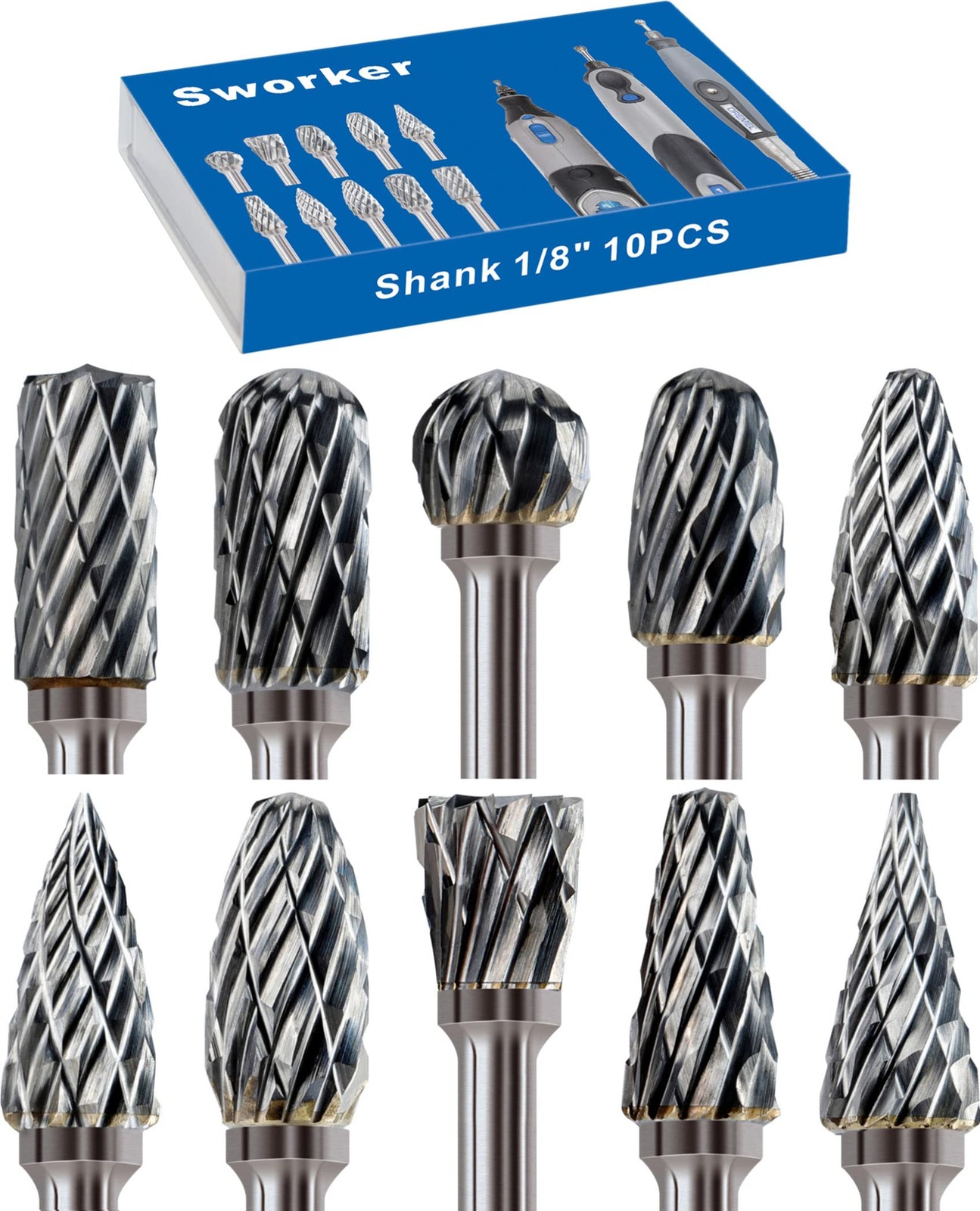 Sworker 10 Pcs Carbide Burr Set 1/8" Shank Compatible with Small, Silver Grey