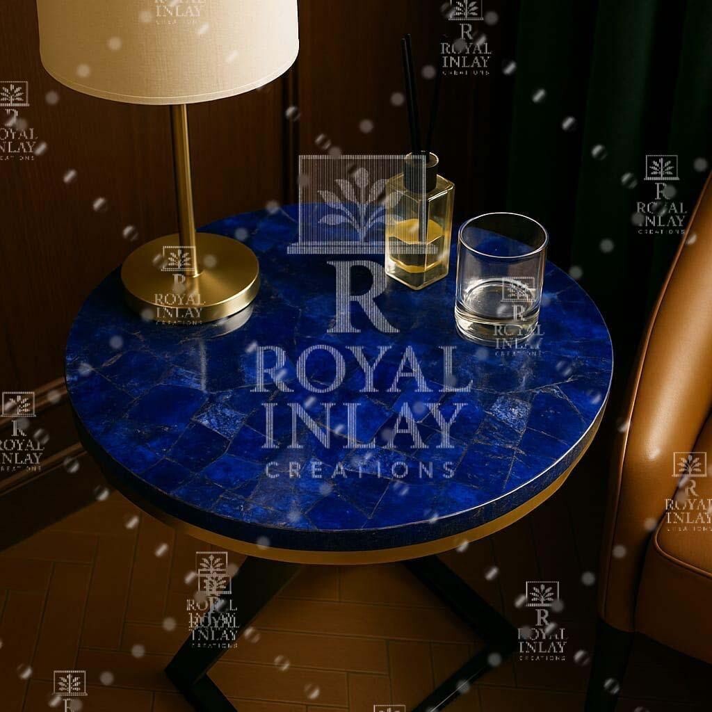 Round Lapis Lazuli Table | Handmade Blue Gemstone Tabletop | Luxury Accent Decor