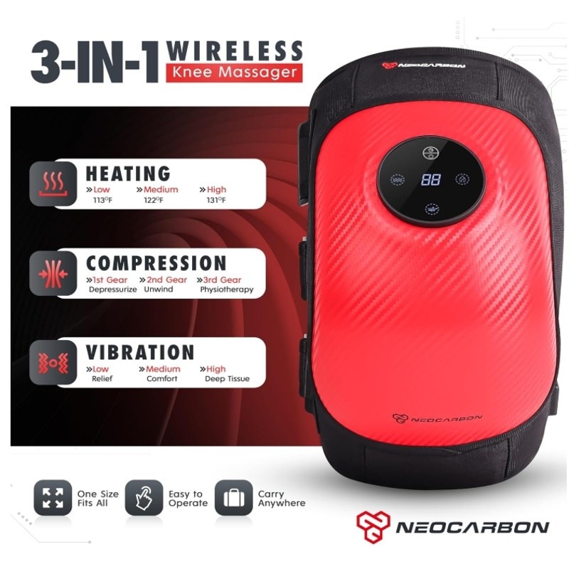 Neocarbon Wireless Knee Massager Heated Compression Vibration Red Open Box