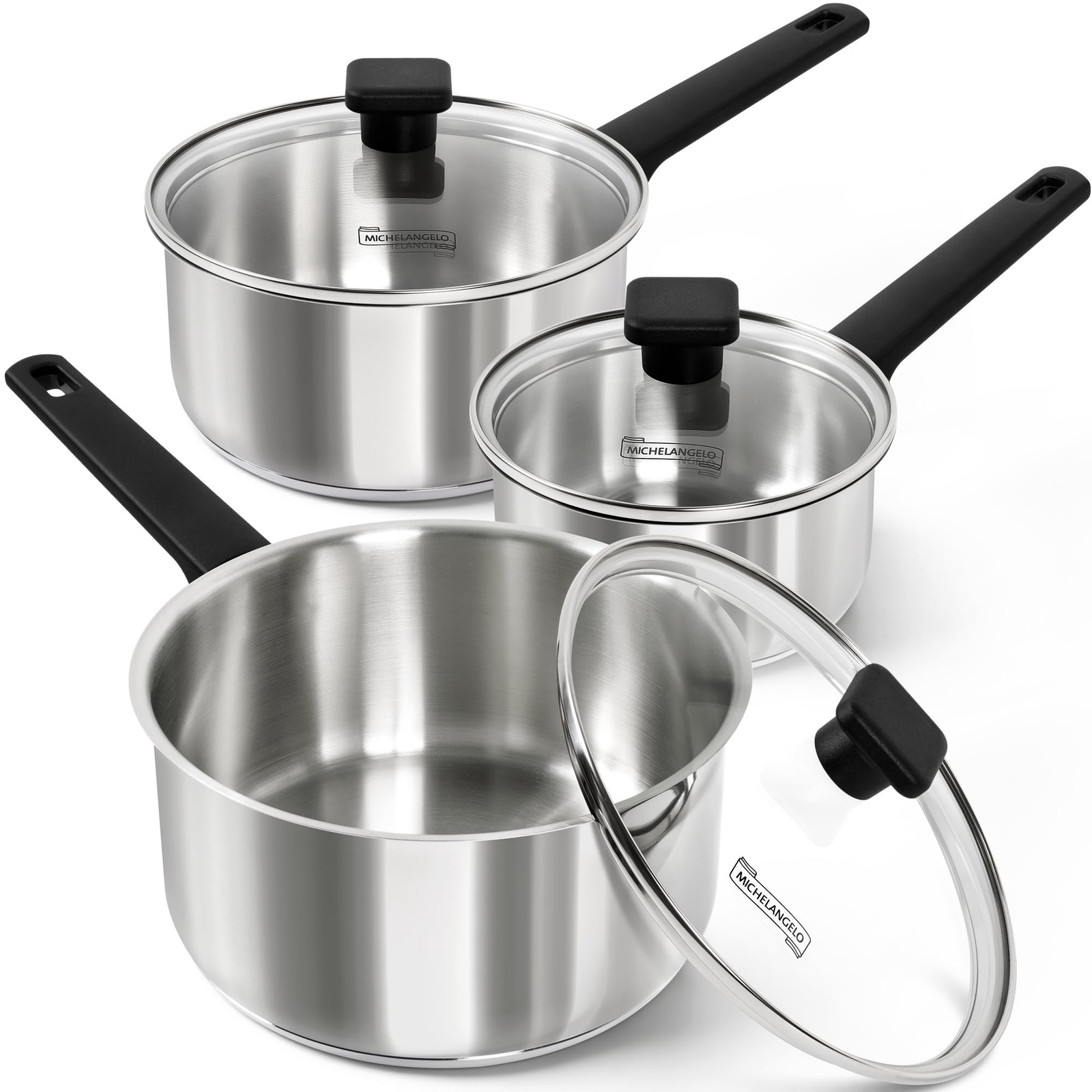 MICHELANGELO Stainless Steel Sauce Pan with Lid 1QT & 1QT, 2QT, 3QT, Silver