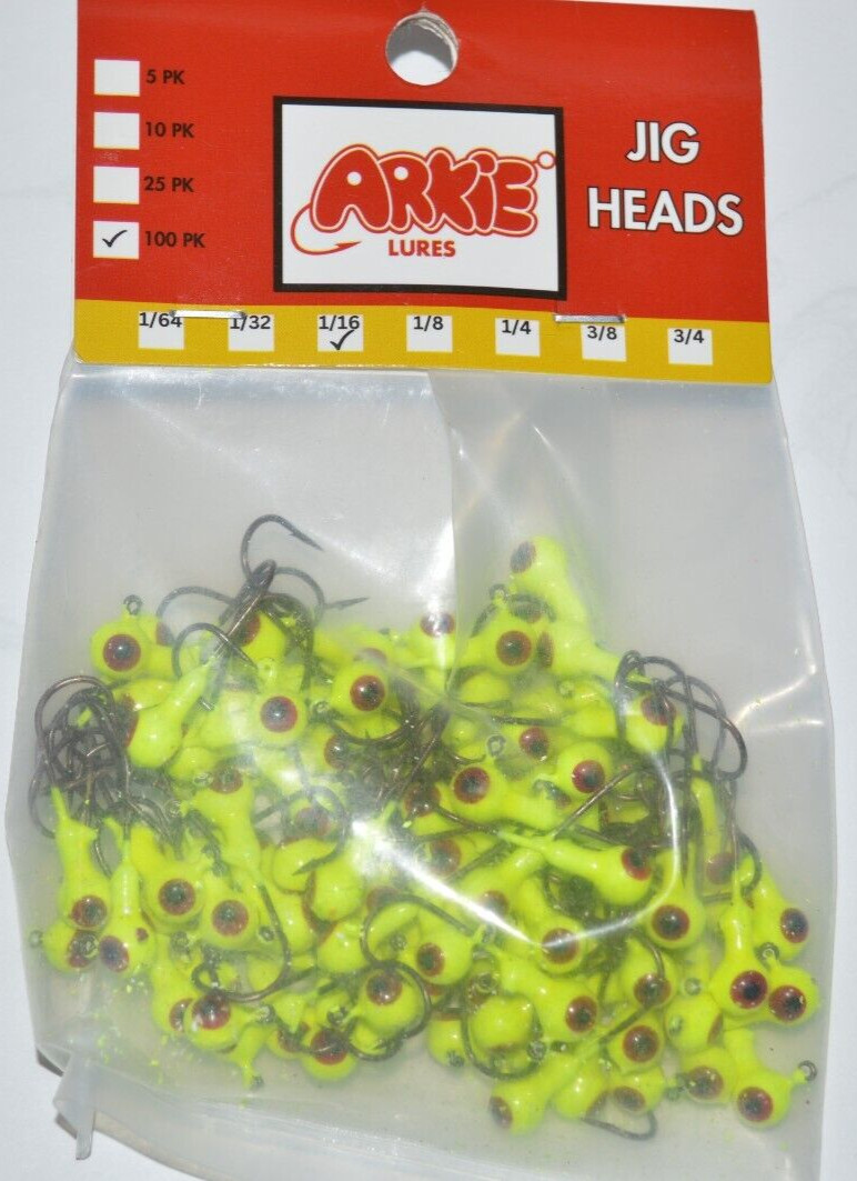 arkie lures jig heads jigheads 1/16oz size 4 hook 100 per pak crappie CHARTREUSE