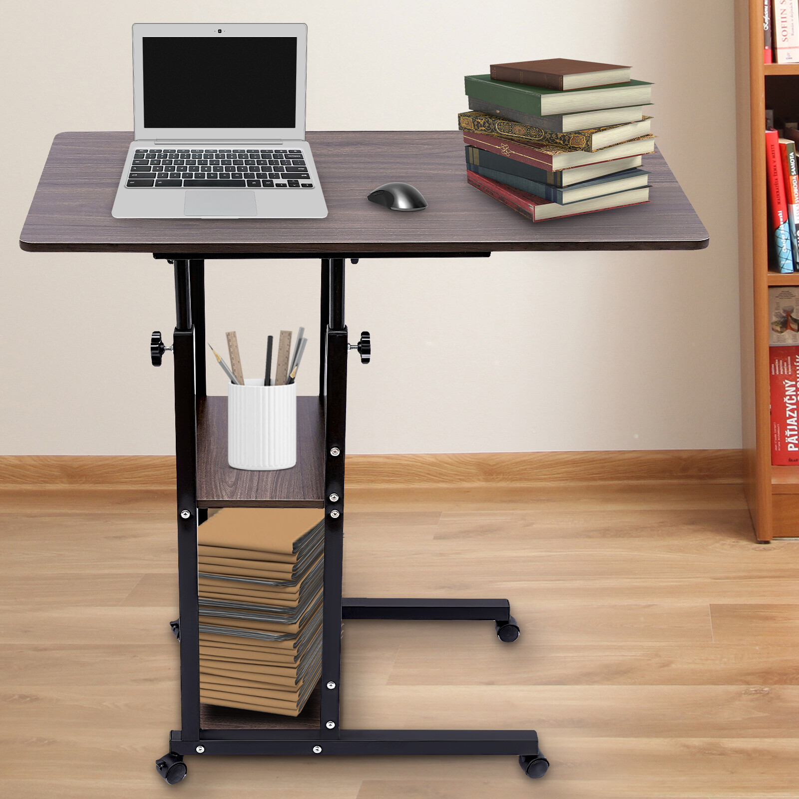 C-shaped Side Table Height Adjustable With Wheels Storage Shelf For Couch Bed