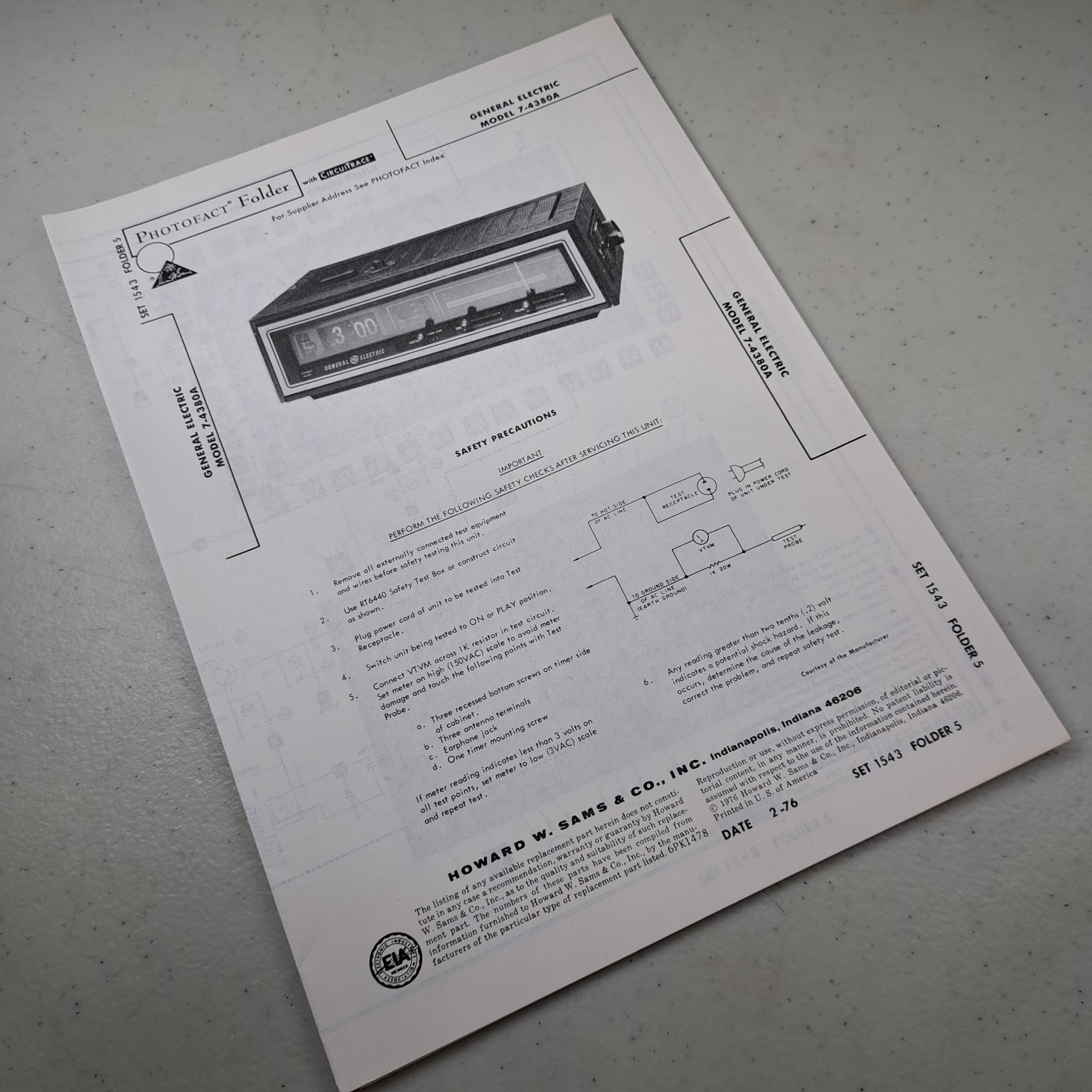 General Electric 7-4380A Photofact Manual 1976 Clock Radio Service Guide