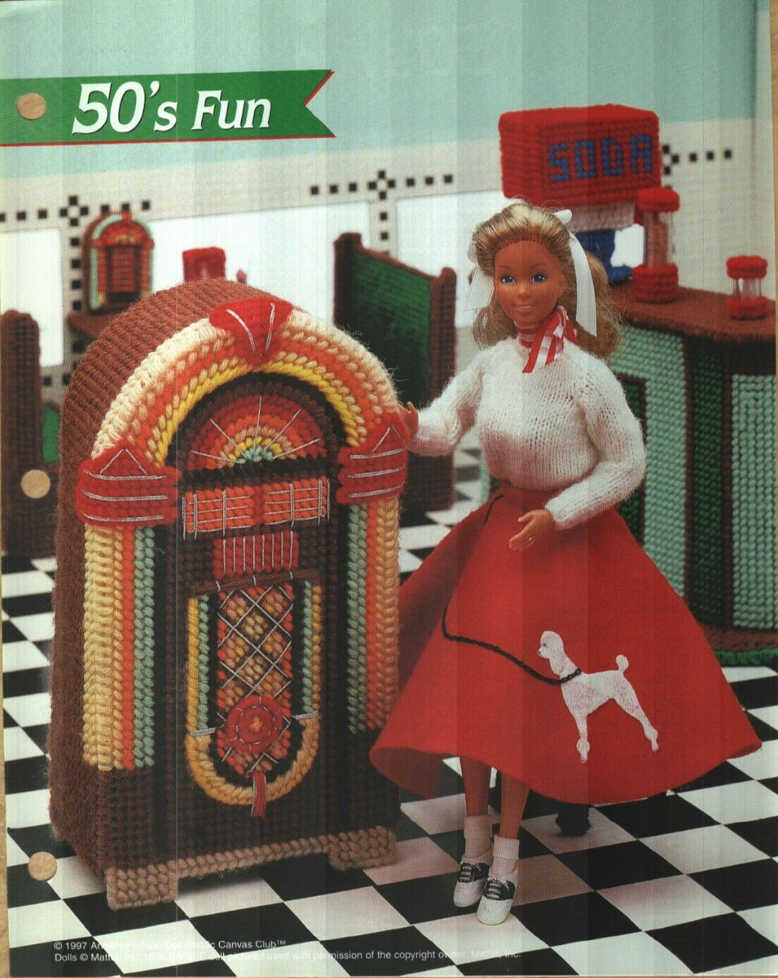 NEW 50's FUN JUKE BOX FASHION DOLL ANNIE'S PLASTIC CANVAS PATTERN INSTRUCTIONS
