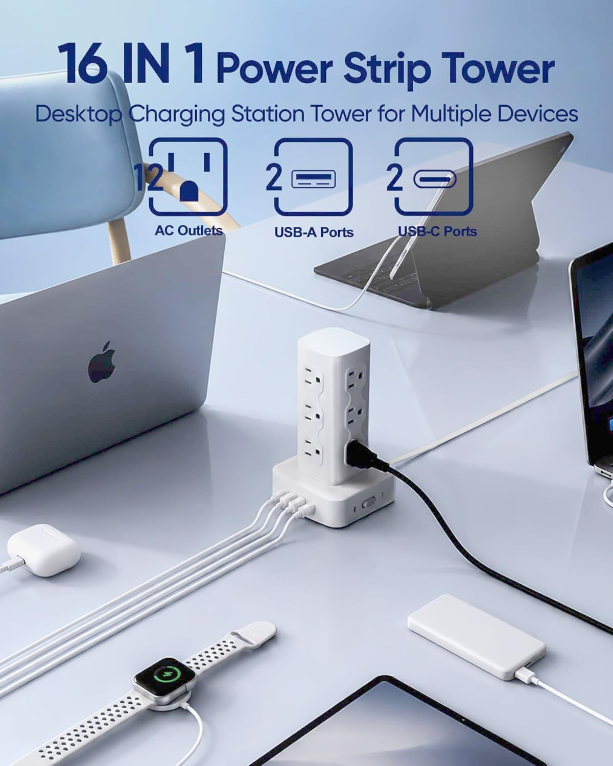 Power Strip Tower Surge Protector(2000J), Flat Plug Charging Station Tower with