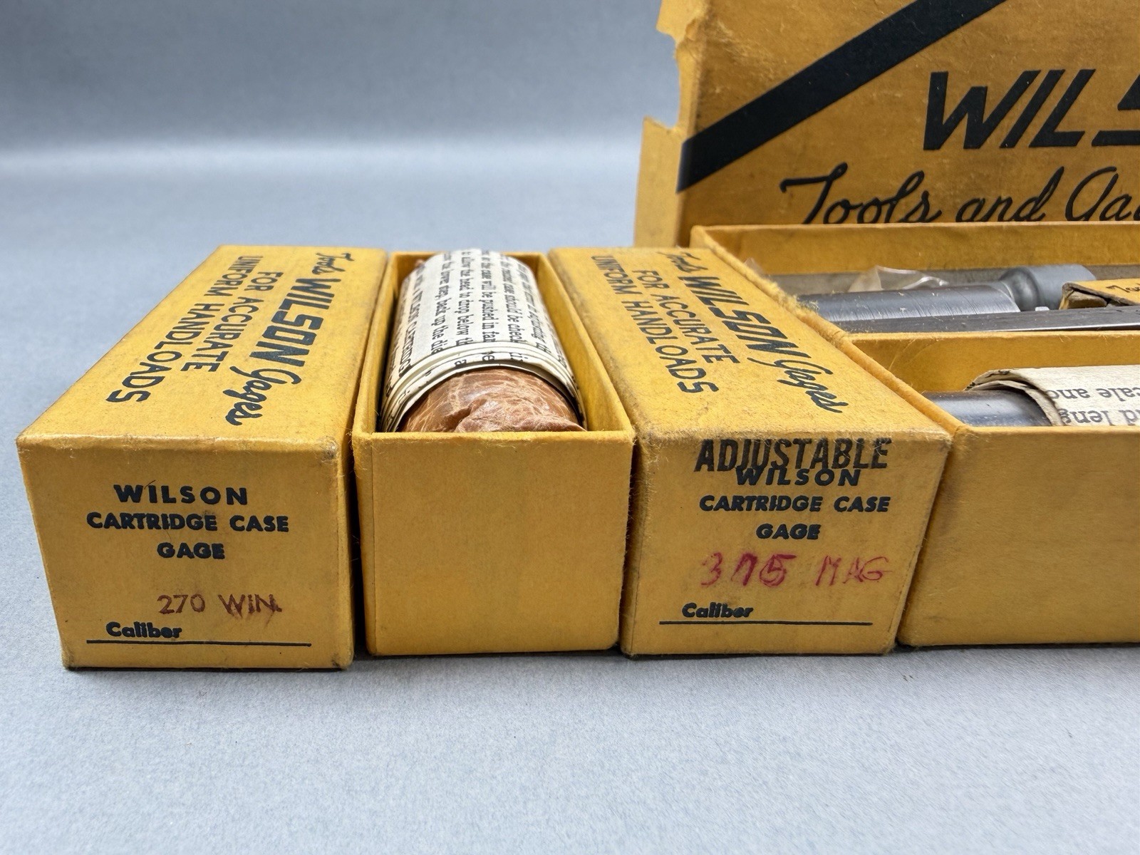 Vintage L.E. Wilson Kit Reloading Tools Gages w Case Holders Box