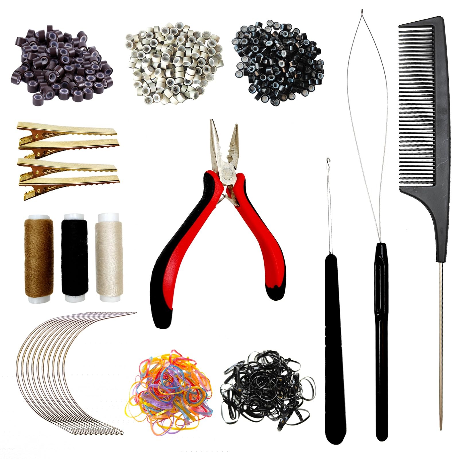 Sew in Hair Extensions Kit, Microlink Tool Compact, Black, Beige, and Brown