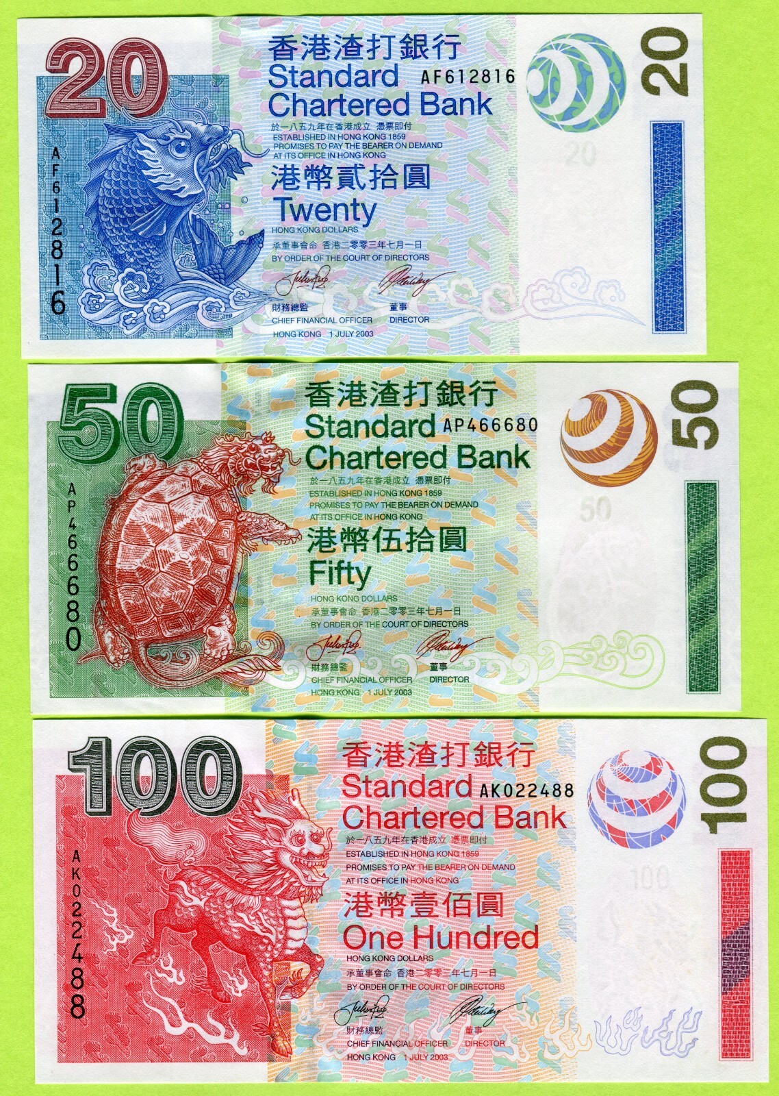 Hong Kong (SCB) 20 50 100 Dollars 2003 P291 292 293 UNC
