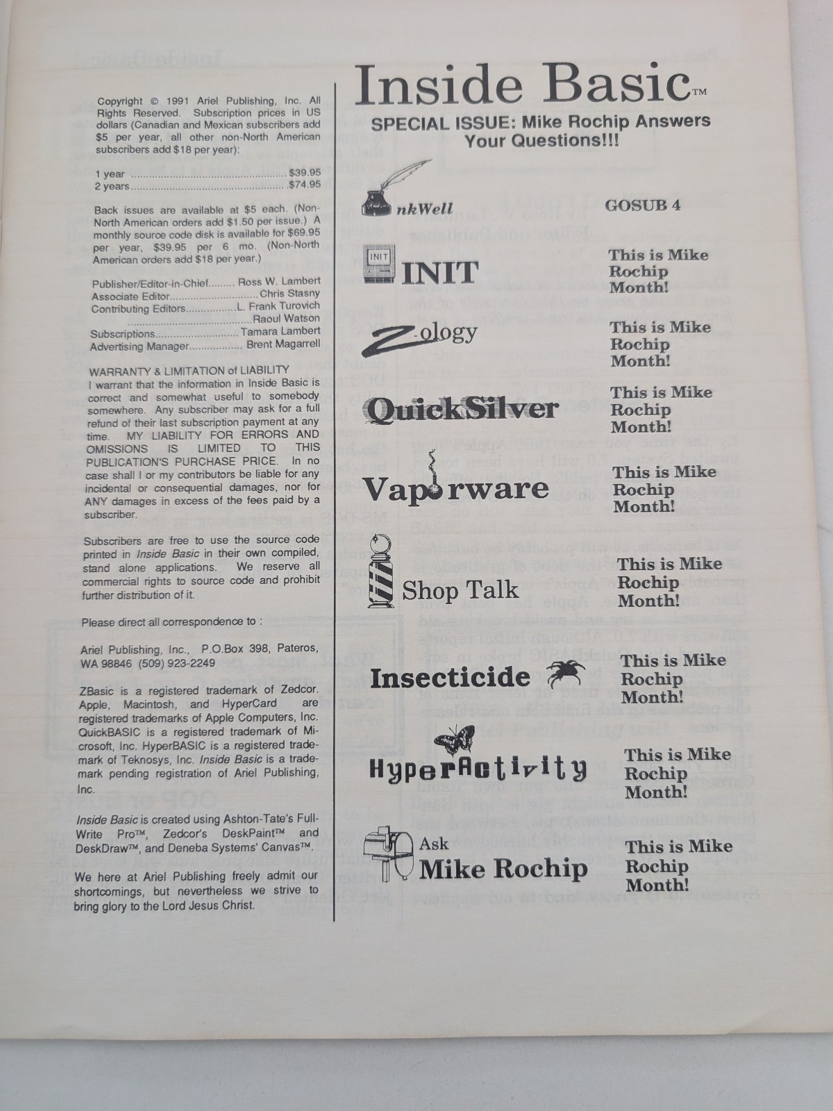 Inside Basic Vol 1 No 6 June 1991 Journal of Macintosh BASIC Programming Catalog