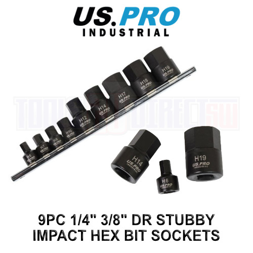 US PRO INDUSTRIAL 9pc 1/4" 3/8" DR Stubby Impact Hex Allen Key Bit Sockets Set