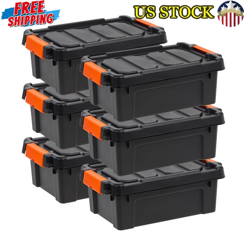 Heavy Duty Plastic Storage Bins W/ Lids Lockable Totes 6 Pk Utility Containers