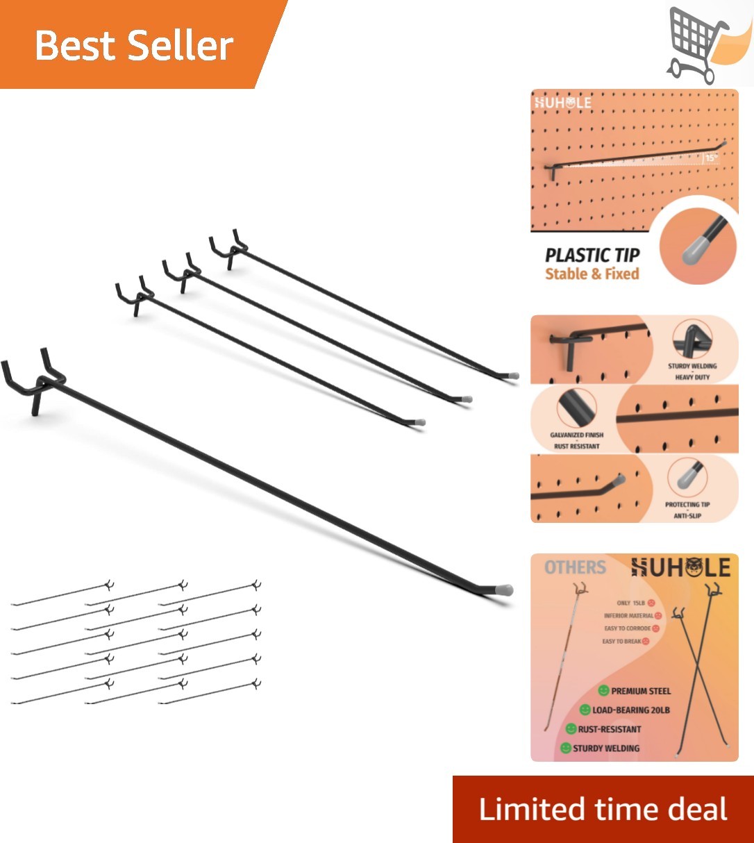 25 Pack Heavy Duty Metal Pegboard Hooks 12 Inch Black L-Hooks for Garage Shop