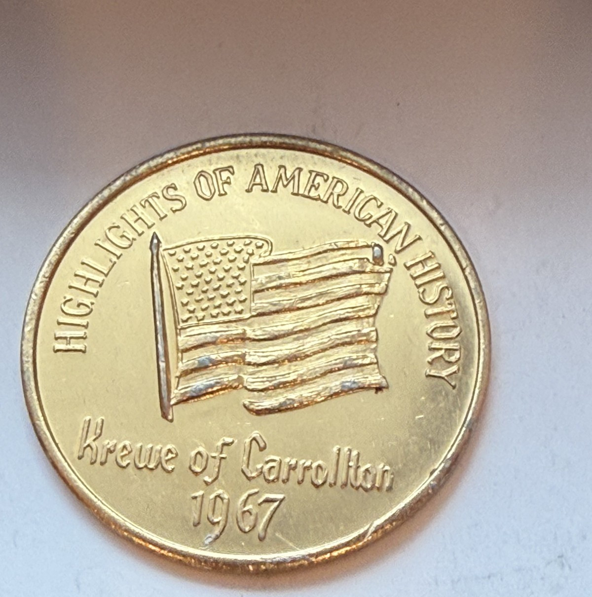 Krewe of Carrollton 1967 Gold Aluminum Doubloon, Highlights of American History
