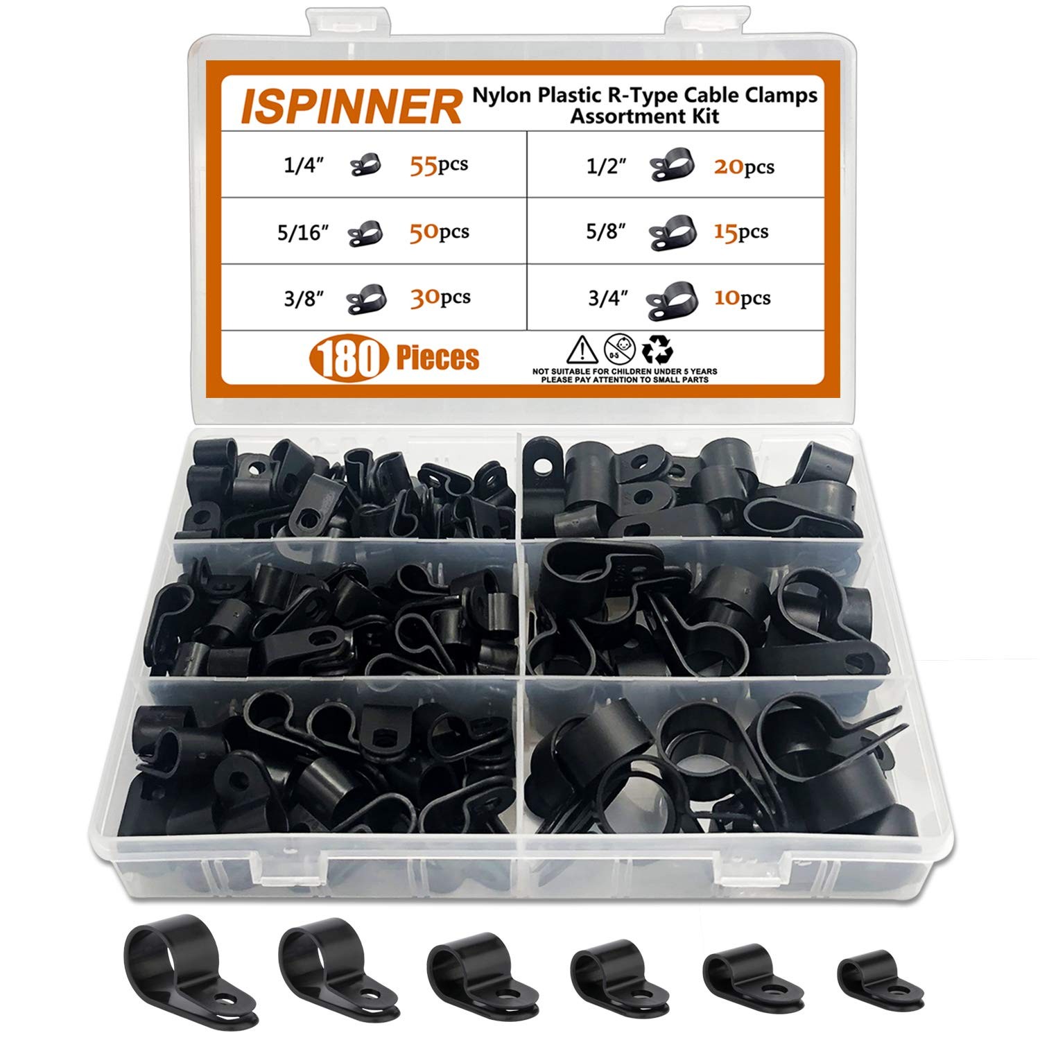 ISPINNER 180pcs Nylon Plastic R-Type Cable Clamps, 1/4" 5/16" One Size, Black