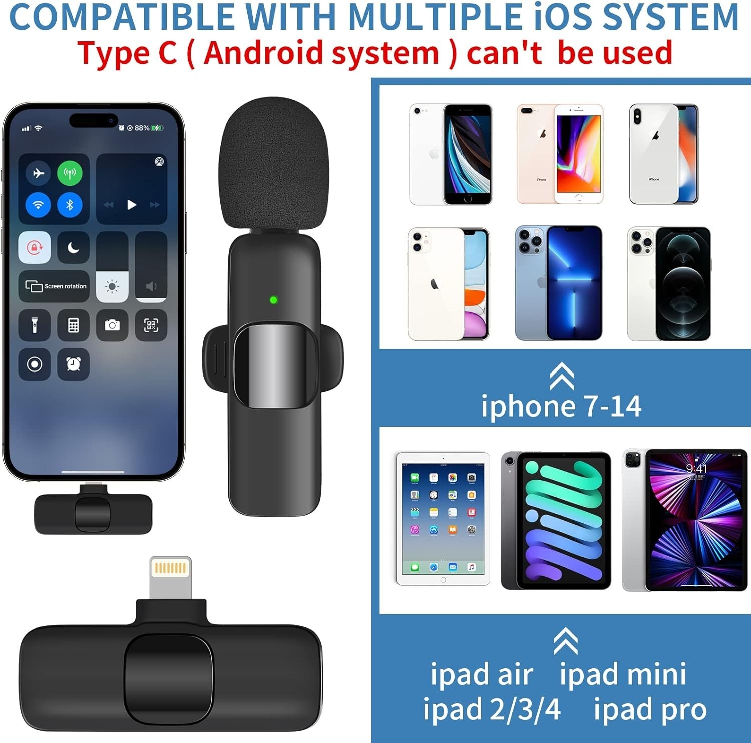 Professional Wireless Clip-on Lavalier Microphone for iOS - Easy Auto Connect