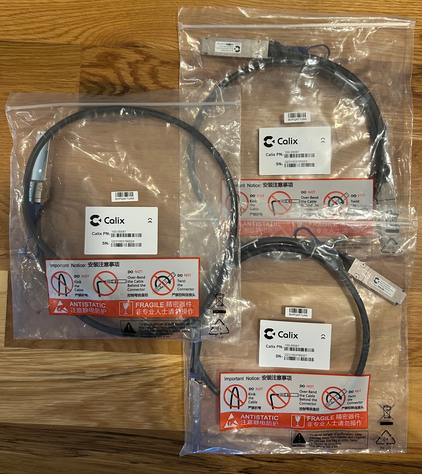 (Lot of 3) Calix 100-05587-QSFP28 to QSFP28 100GE Direct Attach Cable (DAC), 1m