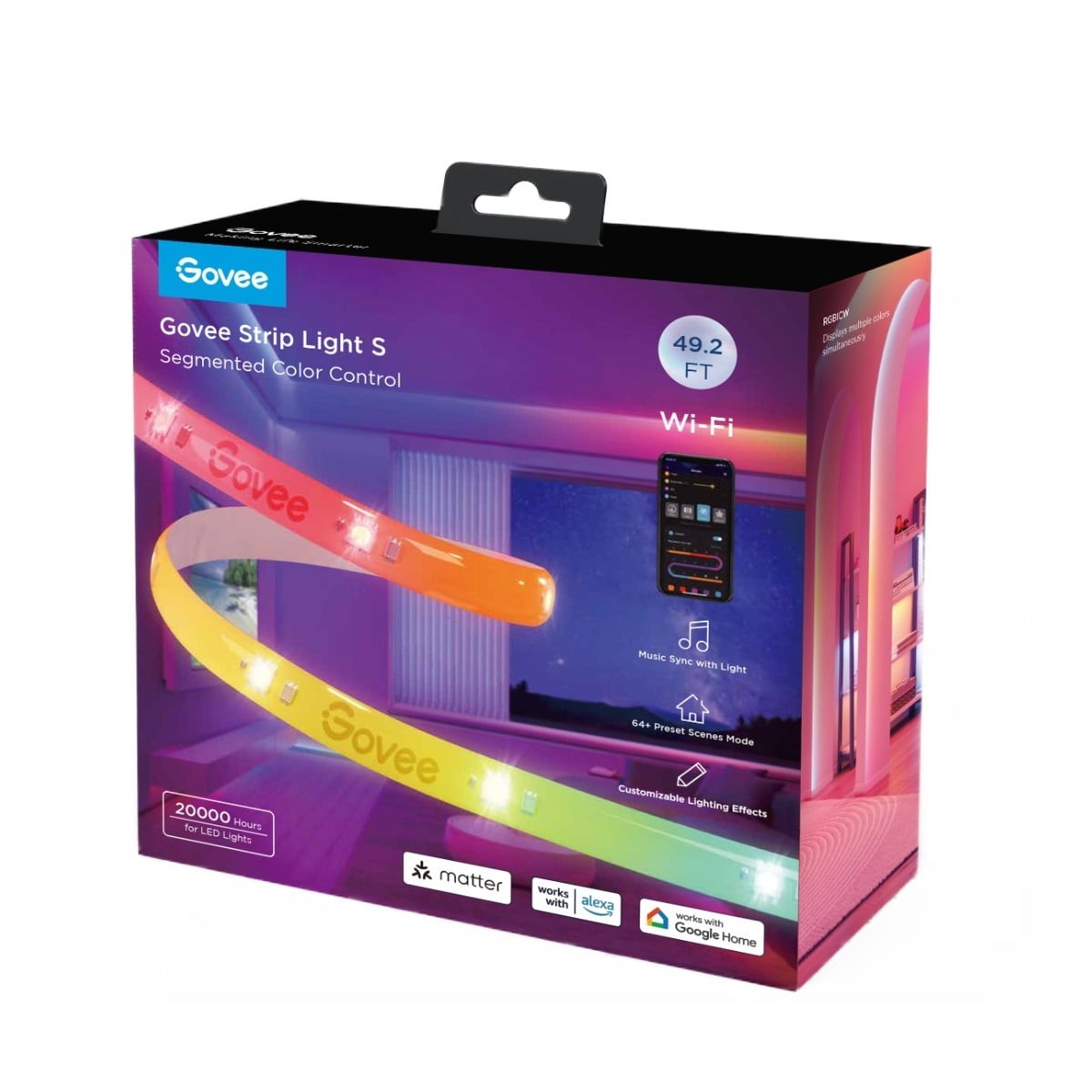 Govee RGBICW Wi-Fi LED Strip Light, 49.2ft, Smart App Control, Multicolor