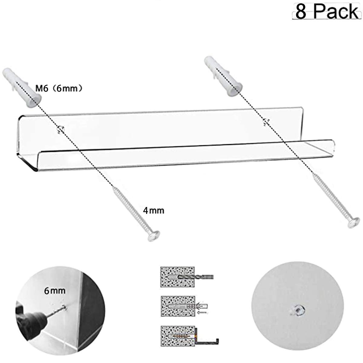 8 Pack 12'' Clear Acrylic Record Display Shelf - Wall Mount and Display Your ...