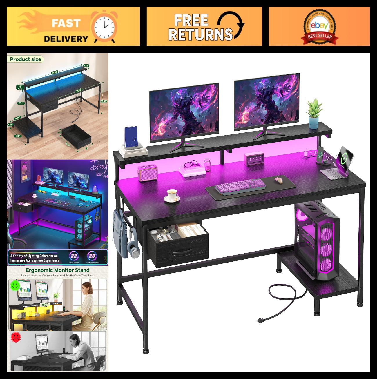 39.3" Gaming Desk with Power Outlet & LED Lights, Adjustable Monitor Stand, Fabr
