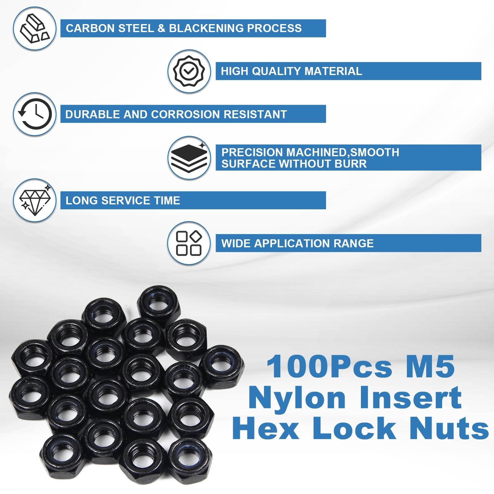 100Pcs M5 x 0.8mm Carbon Steel Hex Lock Nuts, Nylon Insert Self-Locking Nut |...