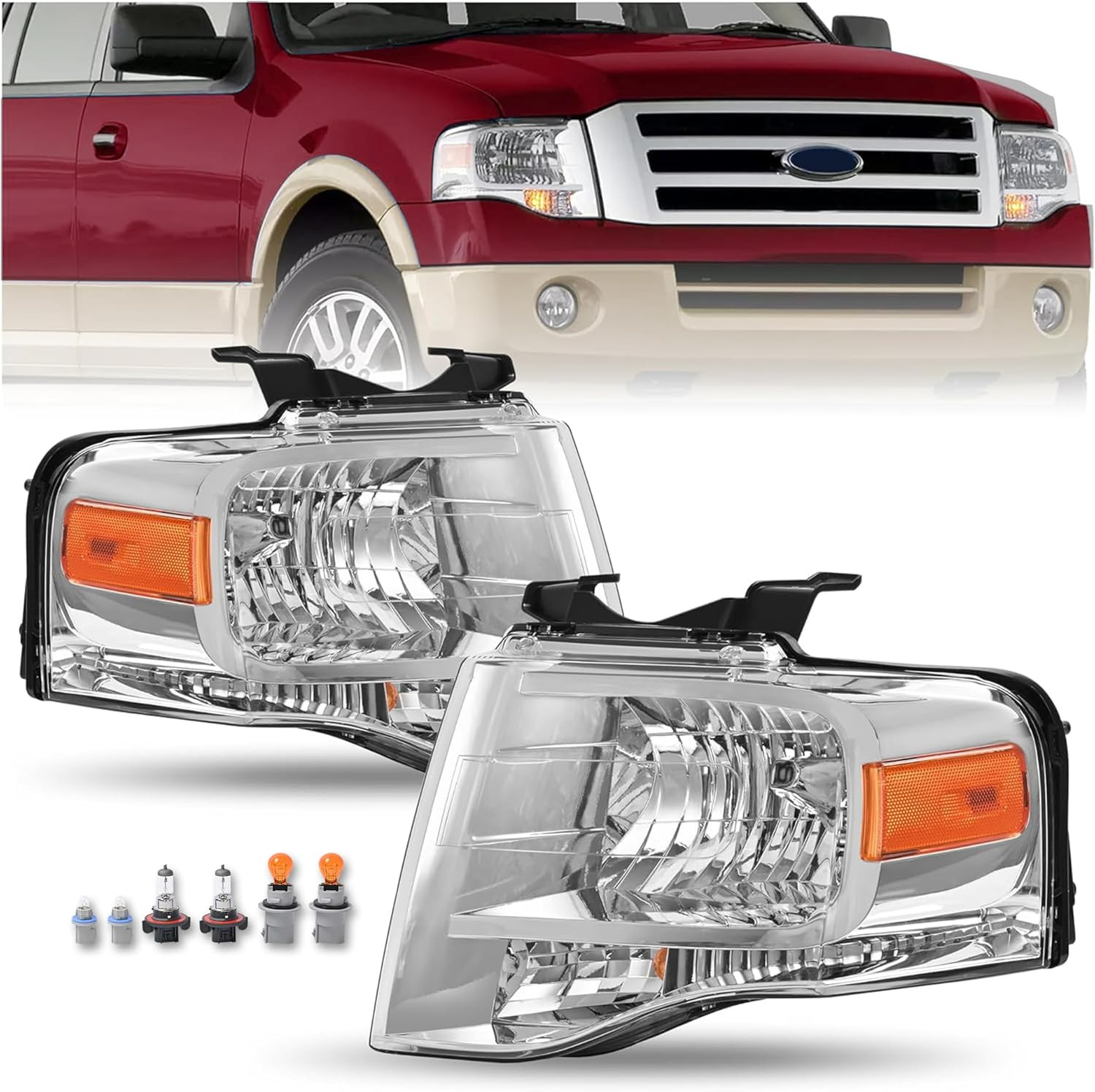Pair Headlight Compatible with 2007-2014 Ford Expedition, Halogen Headlamp Front