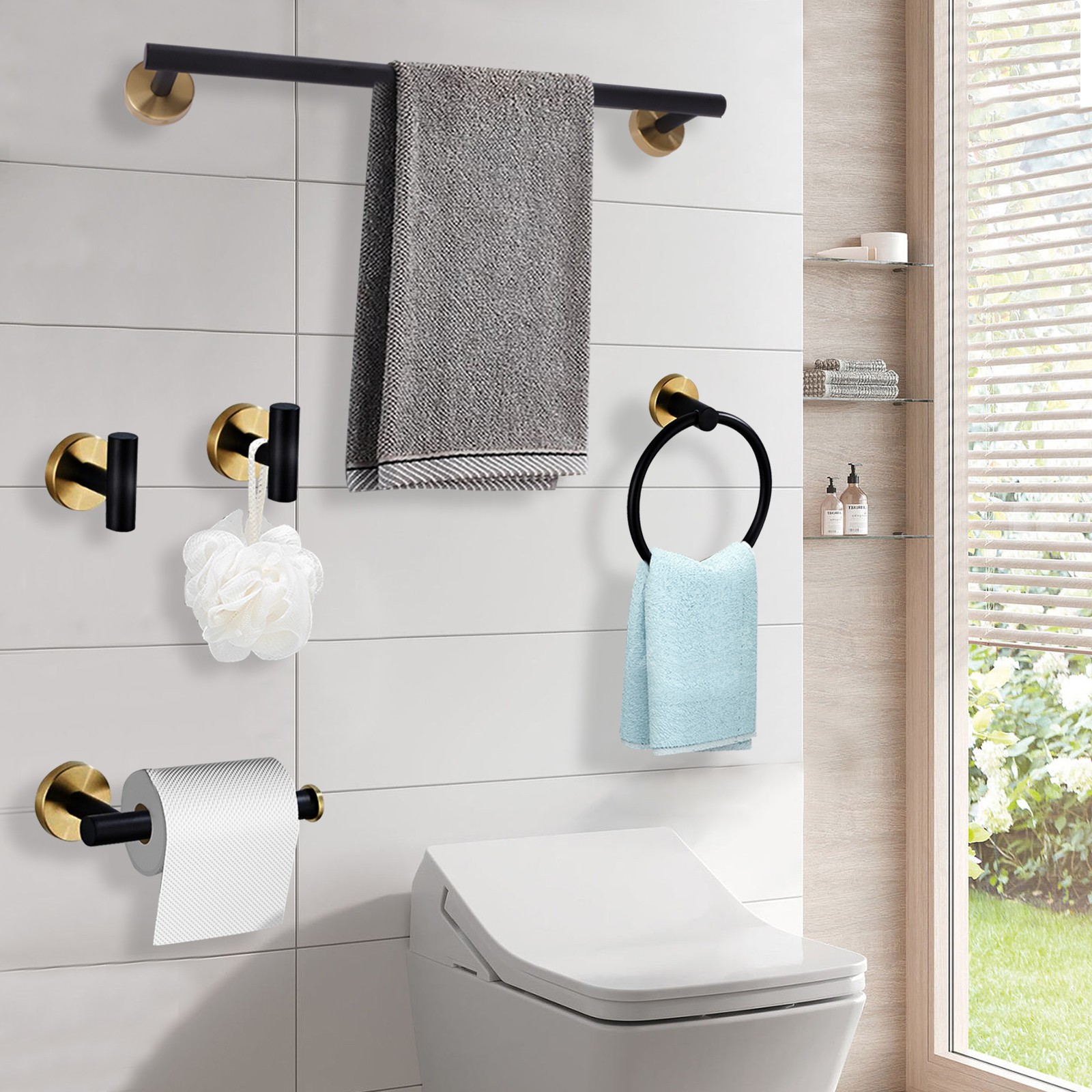 Black+Gold Bathroom Bath Hardware Accessories Set Towel Bar Kit Matte For Home