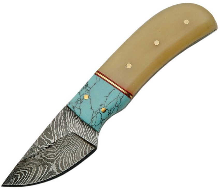Real Damascus Mini Hunter Fixed Blade Full Tang Turquoise Bone Handle Knife 5.5"