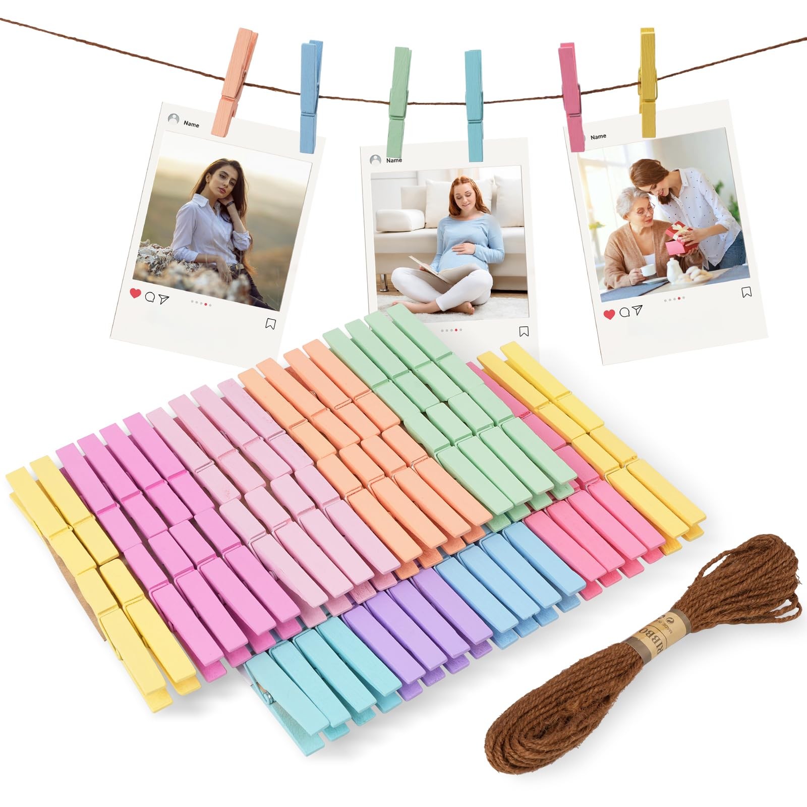 72 PCS Colored Clothes Pins Natural Wood 2.9 Inch 9 Pastel Colors Craft DIY