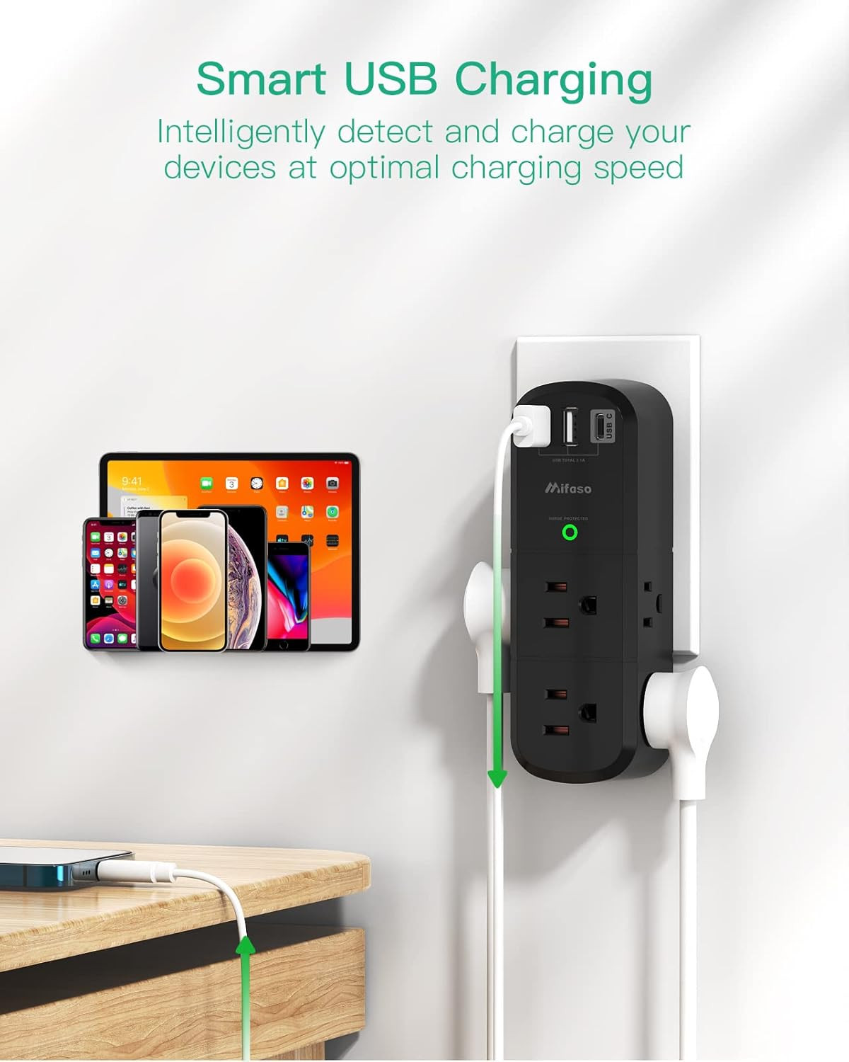 USB Outlet Extender Surge Protector - with Rotating Plug, 1800 Joules, 6 AC Mult