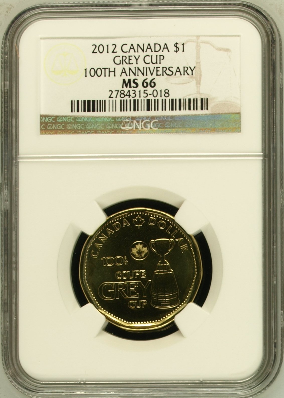 2012 Canada Grey Cup 100th Anniversary Commemorative Loonie NGC MS66