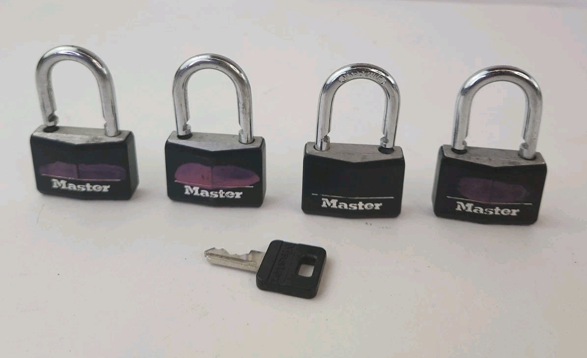 Master Lock Keyed Padlock Black for outdoors three locks One Key Opens All Set 4